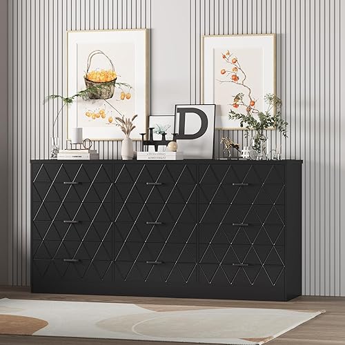 GAOMON 63'' Large Dresser for Bedroom with Power Outlet, 9 Drawers Dresser for Bedroom, Modern Chest of Drawers for Closet, Storage Organizer for Living Room, Hallway, b, Om,