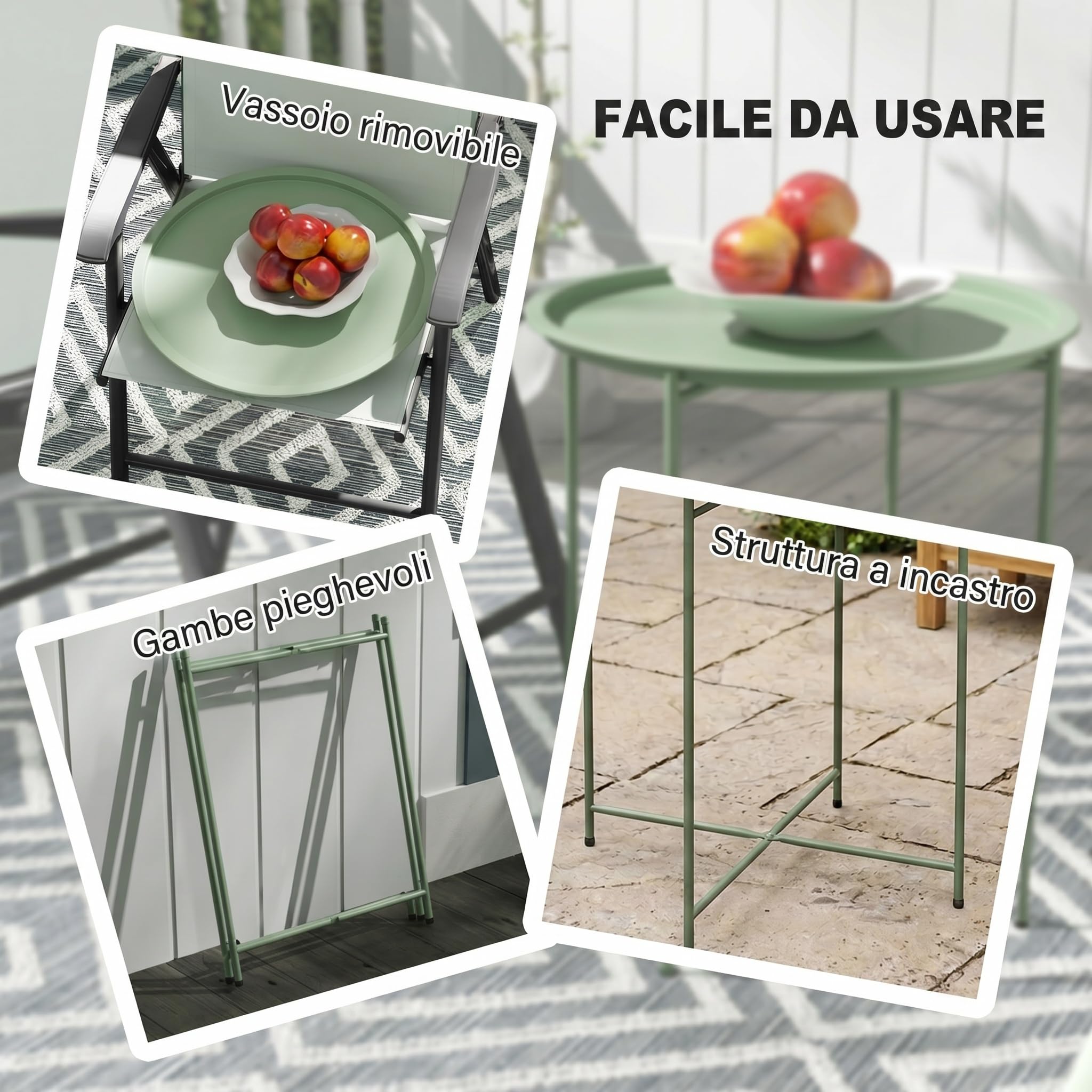 Outsunny Mesa Auxiliar Redonda Mesa de Jardín Exterior con Bandeja Extraíble Patas Plegables Mesa para Exterior Terraza Patio Ø46x53 cm Verde
