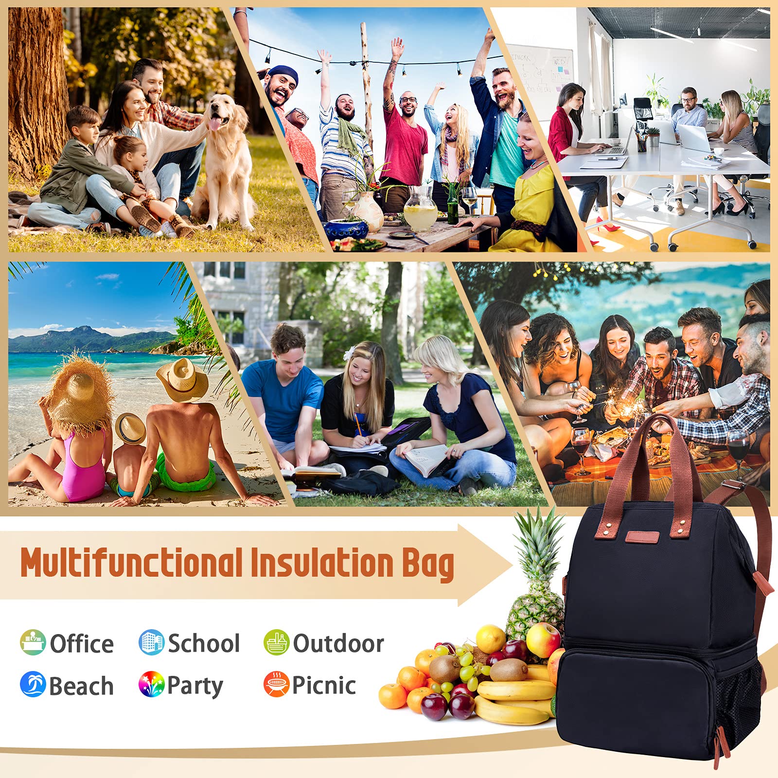 Borsa Zaino Termico 20L Doppio Strato Isoterma Porta Pranzo Nero