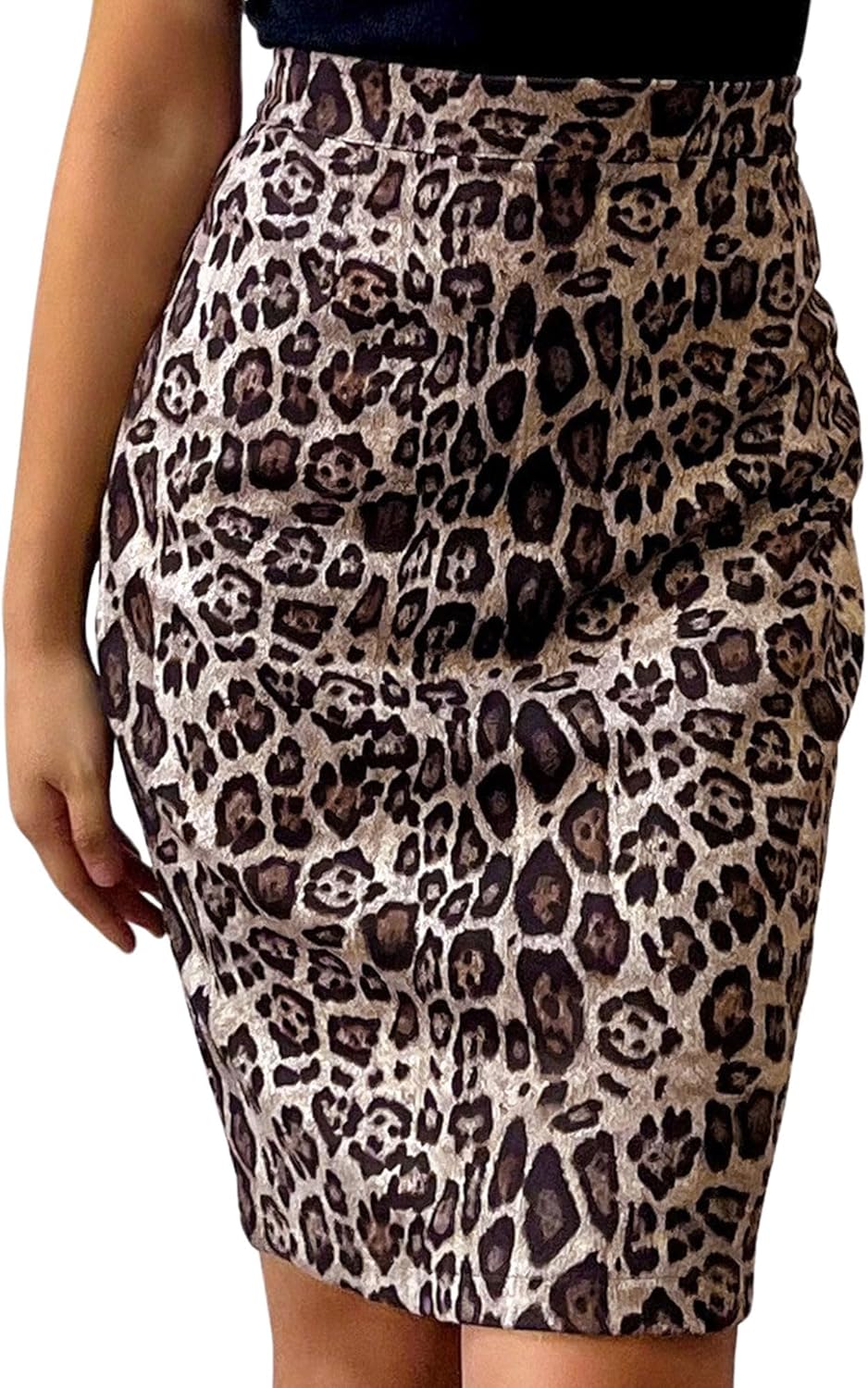 Ezcosplay Women Faux Suede Leopard Pencil Skirt Knee Length High Waisted Cheetah Print Bodycon Midi Skirts - Image 2