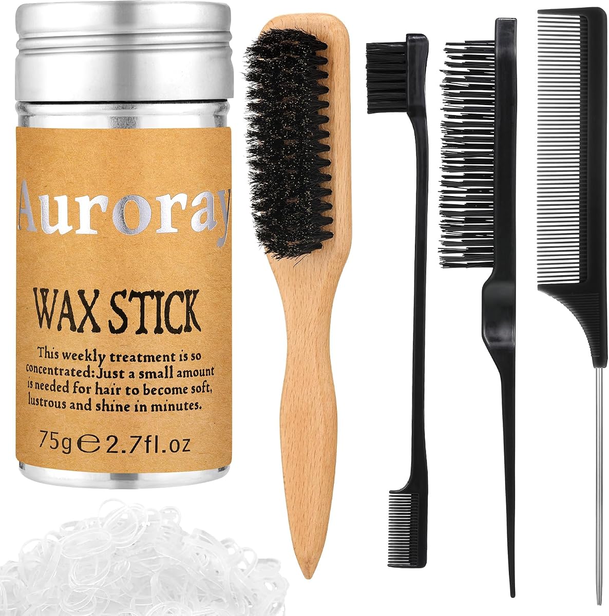 Boar Bristle Slick Back Hair Brush Comb with Wide Boar Bristle Brush,Hair Wax Stick,500PCS Elastic Rubber Bands for Women and Men Sectioning,Parting
