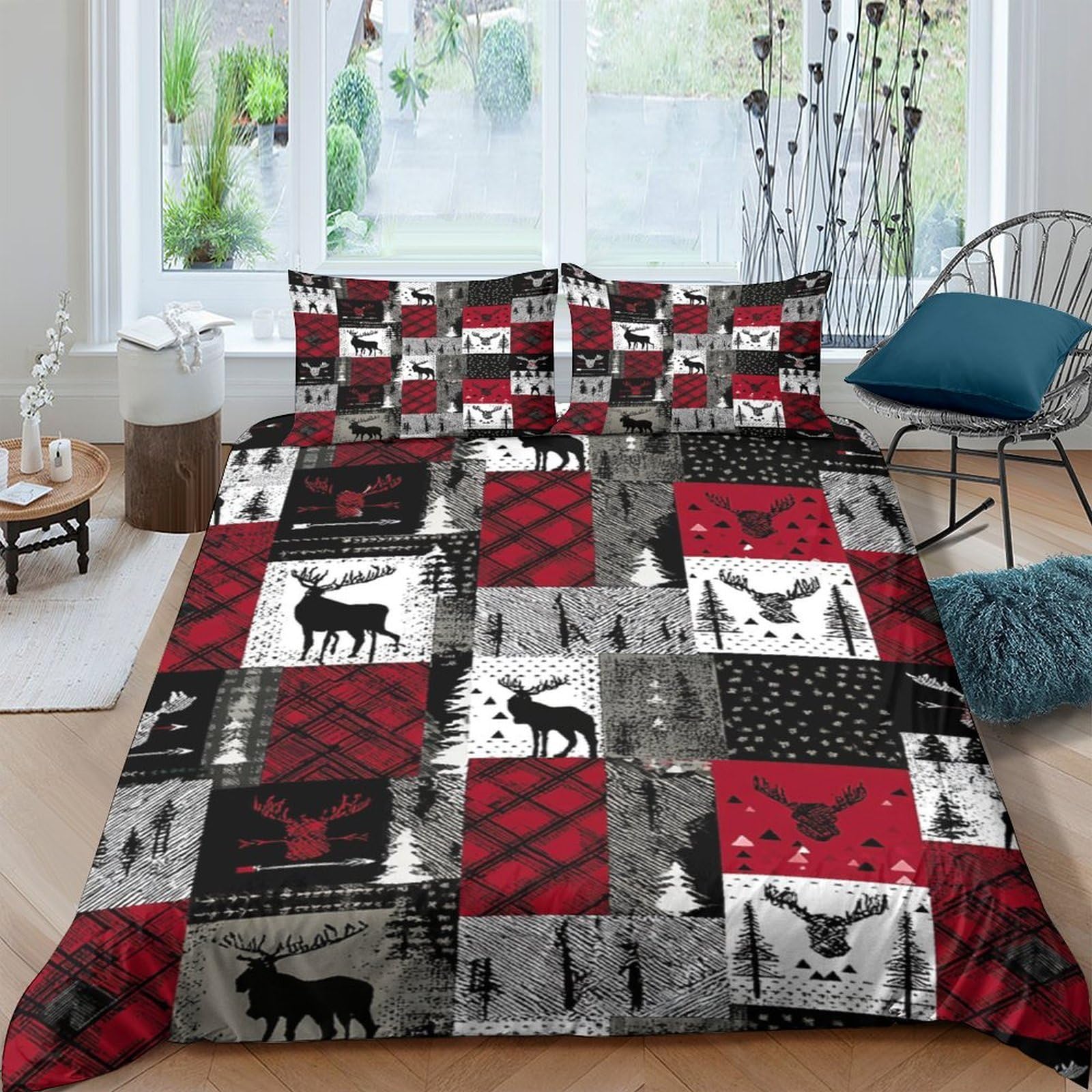 Ctjqhvkz Style-10 3D Printed Plaid Moose Fitted Sheet Microfiber Red Black Forest Mattress Cover For Bedroom Dorm Home Decor Single（135X200cm）