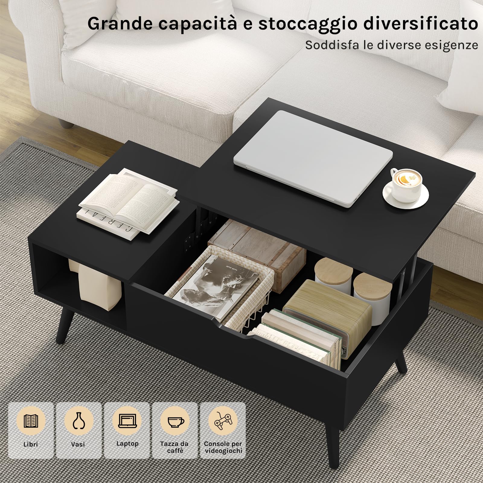 WOLTU Tavolino da Caffè Sollevabile e Allungabile, Tavolo con Spazio Interno e Scomparto Aperto, Tavolino da Salotto per Soggiorno, 100x50x(43-57) cm, Nero, BTS26sz