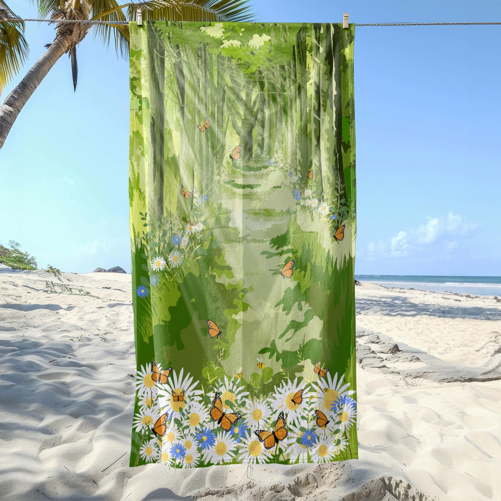 Toalla Playa Mariposa Verde Toallas Baño Suave Toalla Microfibra Sin Arena Toallas de Baño Piscina Ducha Absorbente Secado Rápido Beach Towel para Viajes, Natación, Camping 150x180cm