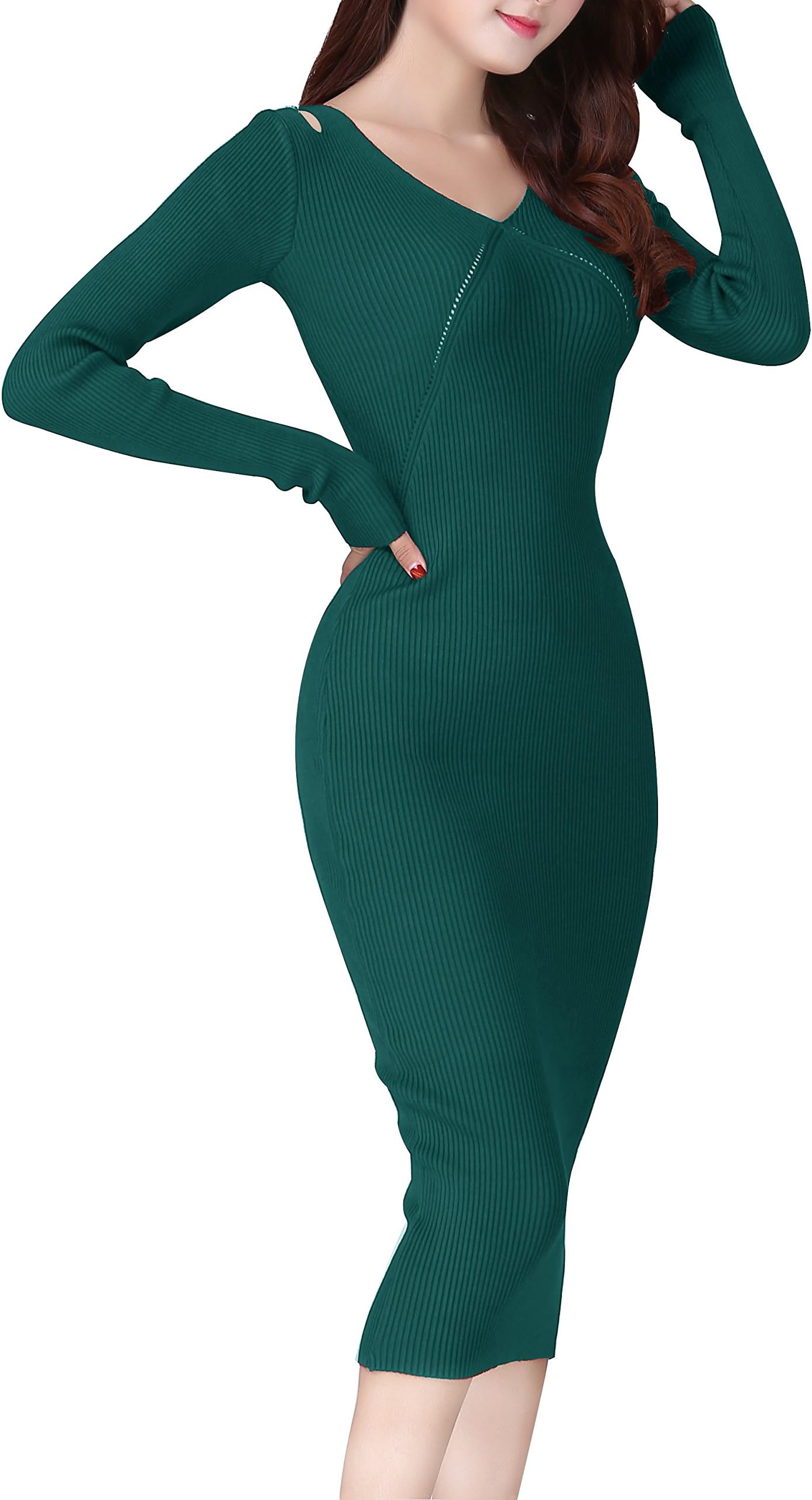 YeeSure Women's Cut Off Shoulder Deep V Sweater Knit Long Shift Dress LYQ08 Bodycon Long Sleeves Slim Fit (Green)