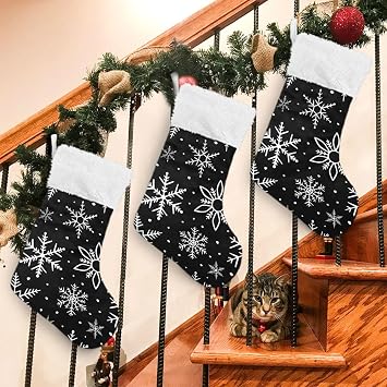 Christmas Winter Snowflakes Christmas Stockings Xmas Snow Black Large Xmas Stocking For Fireplace Christmas Tree Gifts Family Party Decorations 1 Pc 18 inch