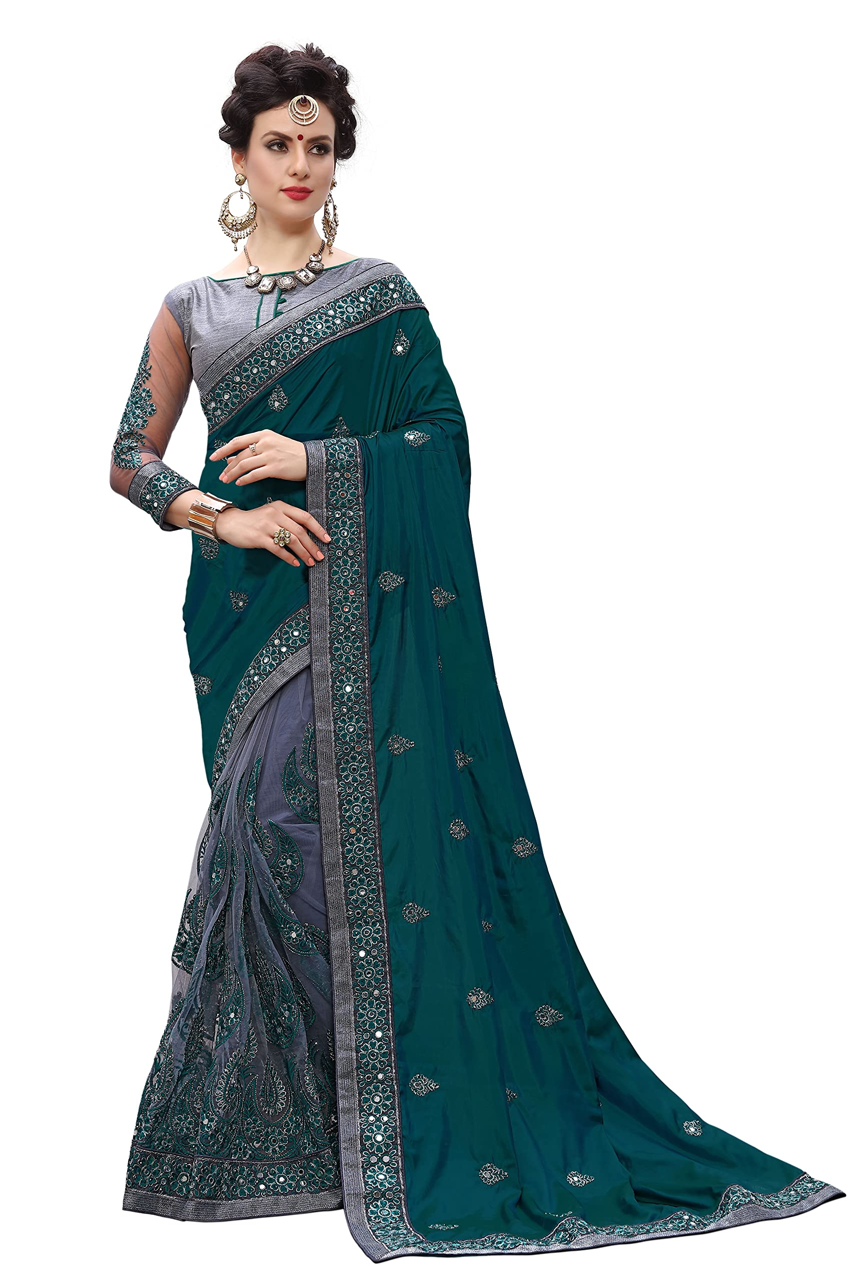 Nivah FashionWomen Woven Silk Net Embroidery Half Half Saree with Blouse Piece, Morpich, One size