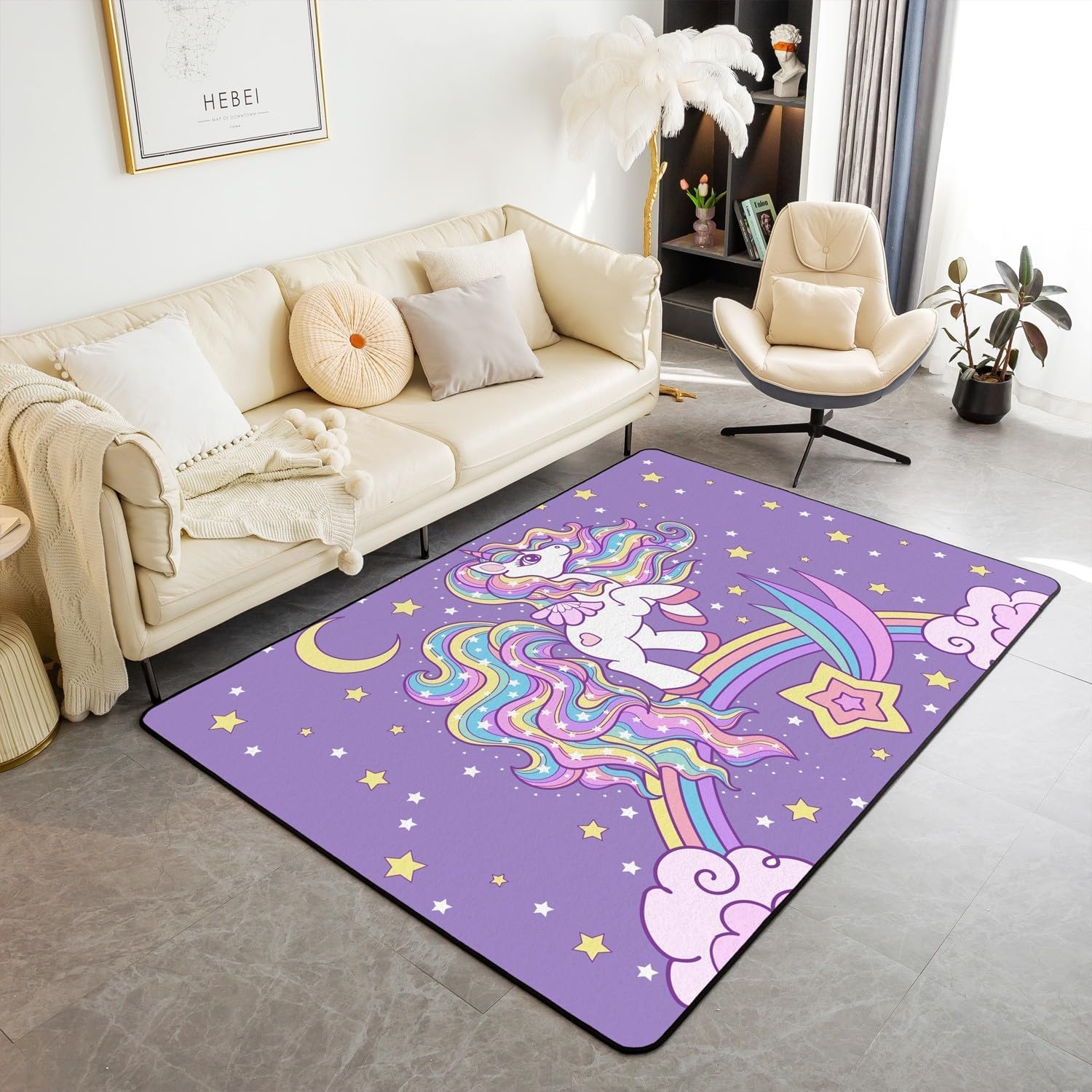 Xisnuient Alfombra Unicornio para Niñas Dormitorio Arco Iris Caballo Nube Violeta Estrella Cielo Galaxia Impreso Alfombras para Niña Adolescente Sala De Juegos Alfombra De Juego (Rosa,100x120cm)