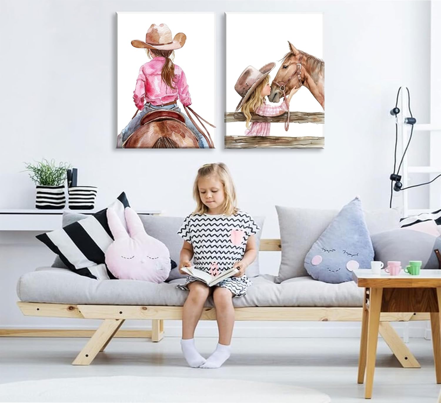 2PCS Cowgirl Nursery Wall Art girl and horse Poster Girl kissing horse Pictures Painting Canvas Decor American Western style prints Wall Decor animal Posters for Baby Bedroom framed