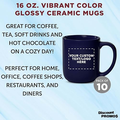 Miniatura 3 de DISCOUNT PROMOS Juego de 10 tazas de cerámica brillante de colores vibrantes personalizadas, 16 onzas, paquete a granel, perfecto para té, espresso,