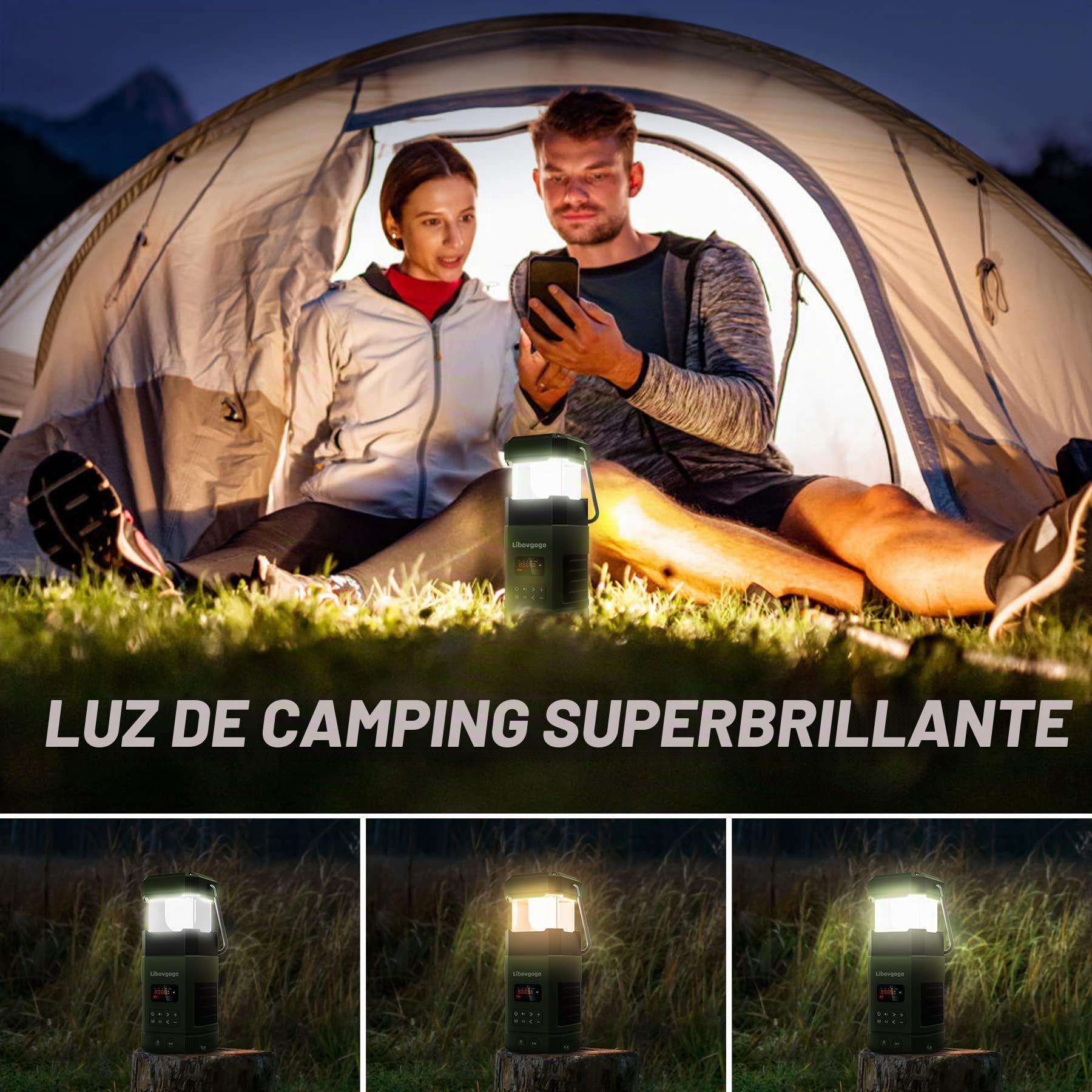 libovgogo Radio de emergencia con manivela, lámpara de camping Radio AM FM, péndulo LED, linterna con pilas, lámpara de camping, linterna solar al aire libre con altavoz bluetooth