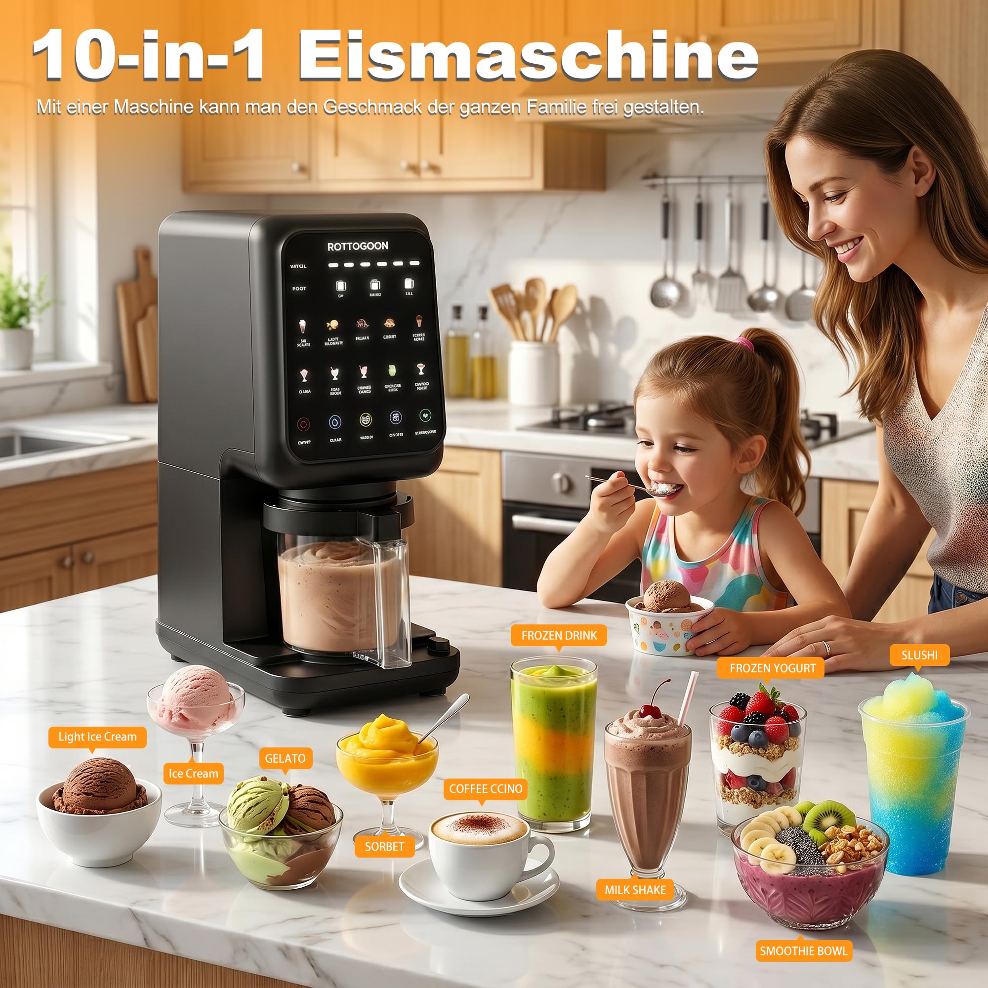 ROTTOGOON Eismaschine mit 3 Bechern 10 Programme für Eiscreme Sorbet Gelato & Frozen Yogurt 2-in-1 Geschmacksoption Softeismaschine für Zuhause mit Mix In Funktion & Automatisches Reinigungsprogramm