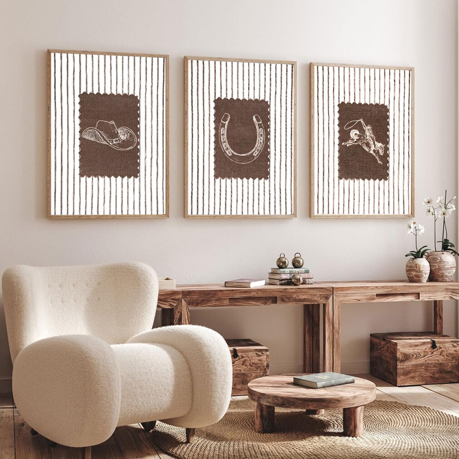 3Pcs Western Cowboy Wall Art Vintage Striped Cowboy Rodeo Wall Decor Pictures Retro Neutral Gallery Posters Prints for Boys Room Bathroom Bedroom Home Decoration Unframed 16x24in