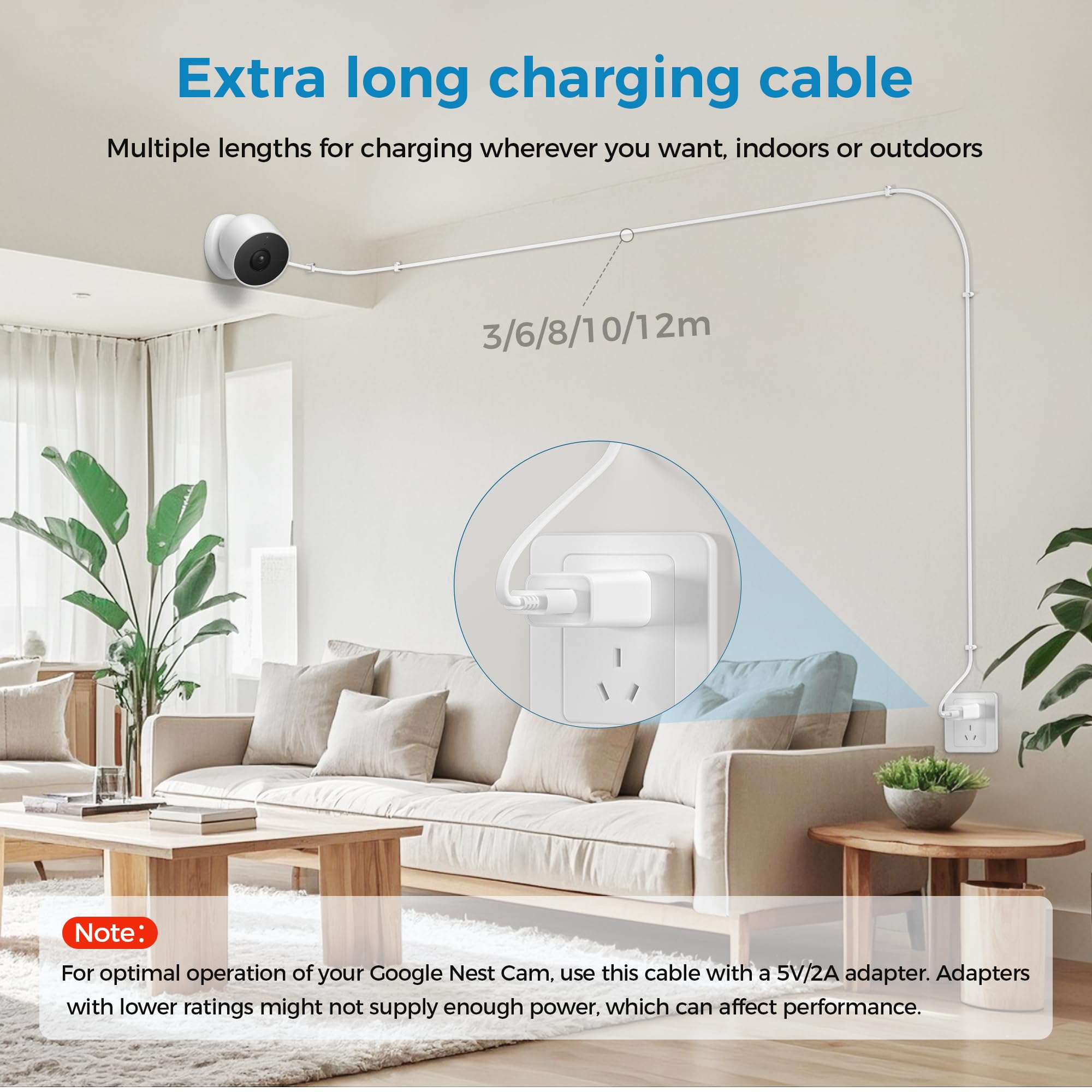 Itramax Power Cable for Google Nest Cam Outdoor or Indoor,Batte/ry,20FT/6M Long Weatherproof Charging Cable with Charger 5V2A for Nest Camera(Battery),Continuous Charger,Outdoor Indoor Cord