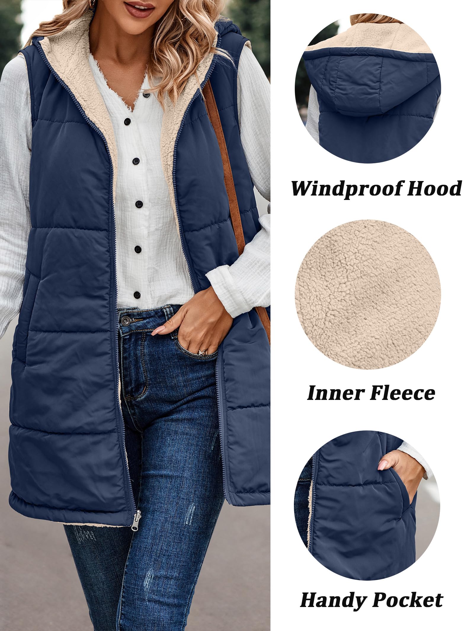 Famulily Chalecos largos de forro polar para mujer, acolchados, reversibles, sin mangas, con cremallera