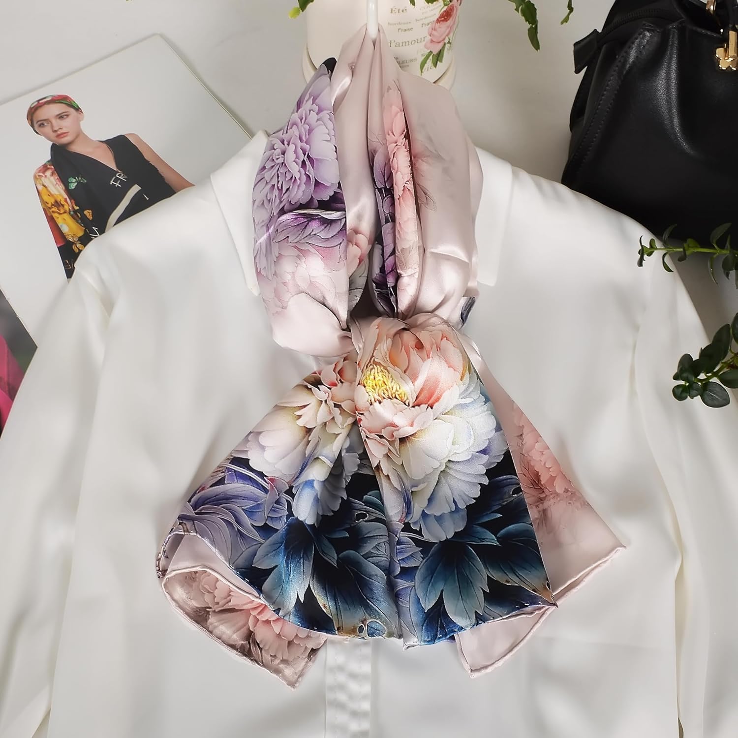 100% Mulberry Silk Scarf for Women Neck Oblong Headscarves Long Floral Print Lightweight Silk Wraps Shawls 67"*20" - Image 6