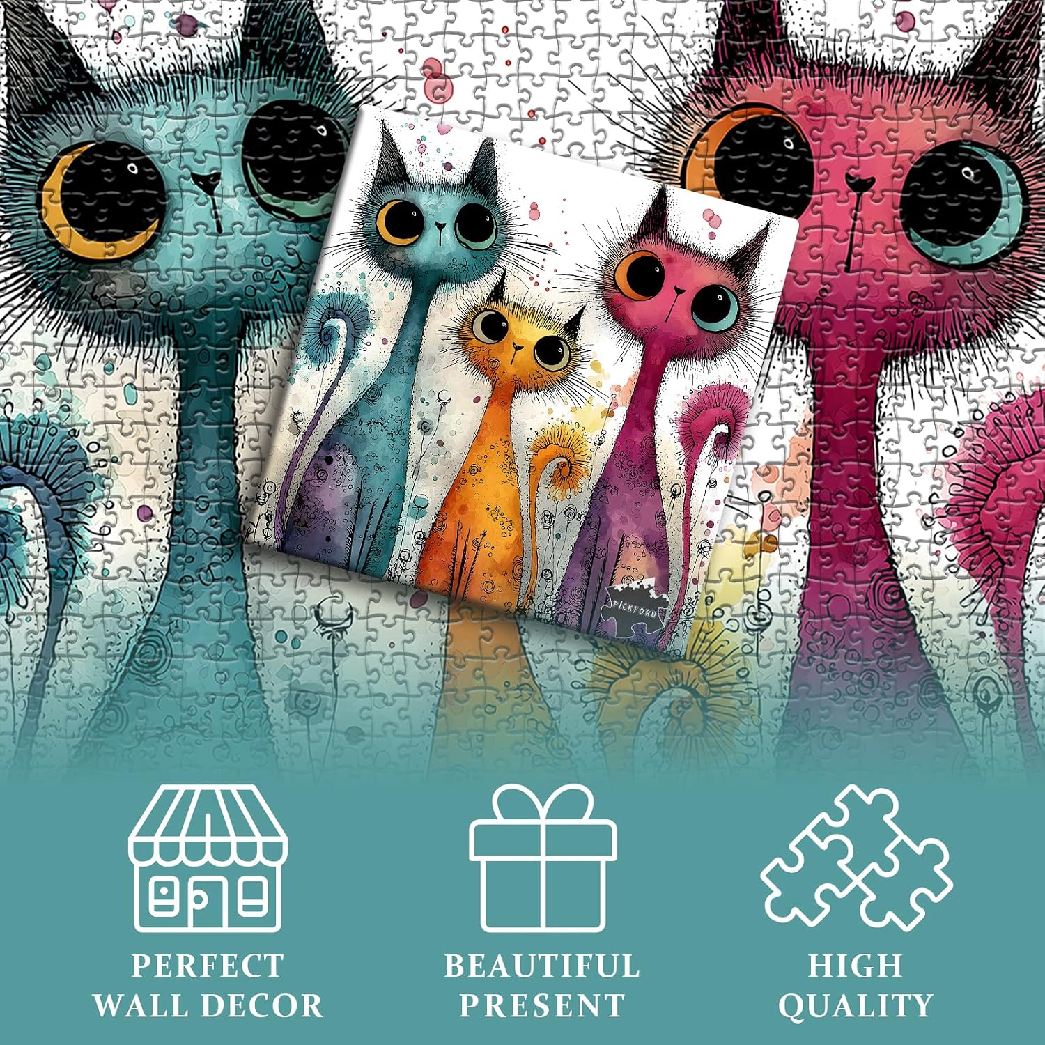 Cat Puzzles for Adults 1000 Pieces, PICKFORU Whimsy Cat Jigsaw Puzzles Animal Abstract Art Puzzle, Funny Whimsical Kitten Challenge Jigsaw Puzzle