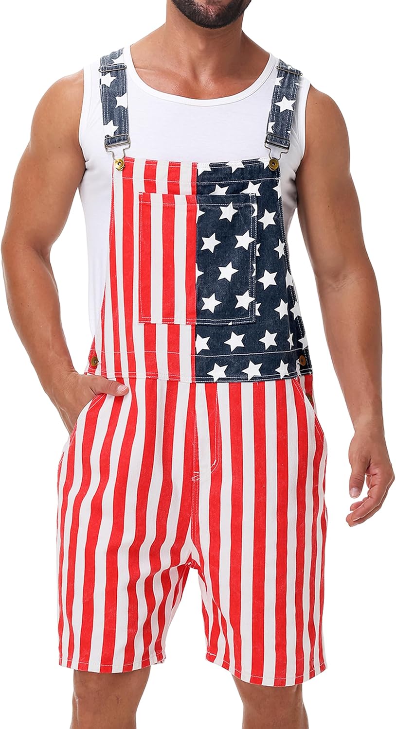 AOBUTE Unisex 4th of July Denim Bibs Overalls Men American Flag Printed Shorts Rompers Jumpsuit