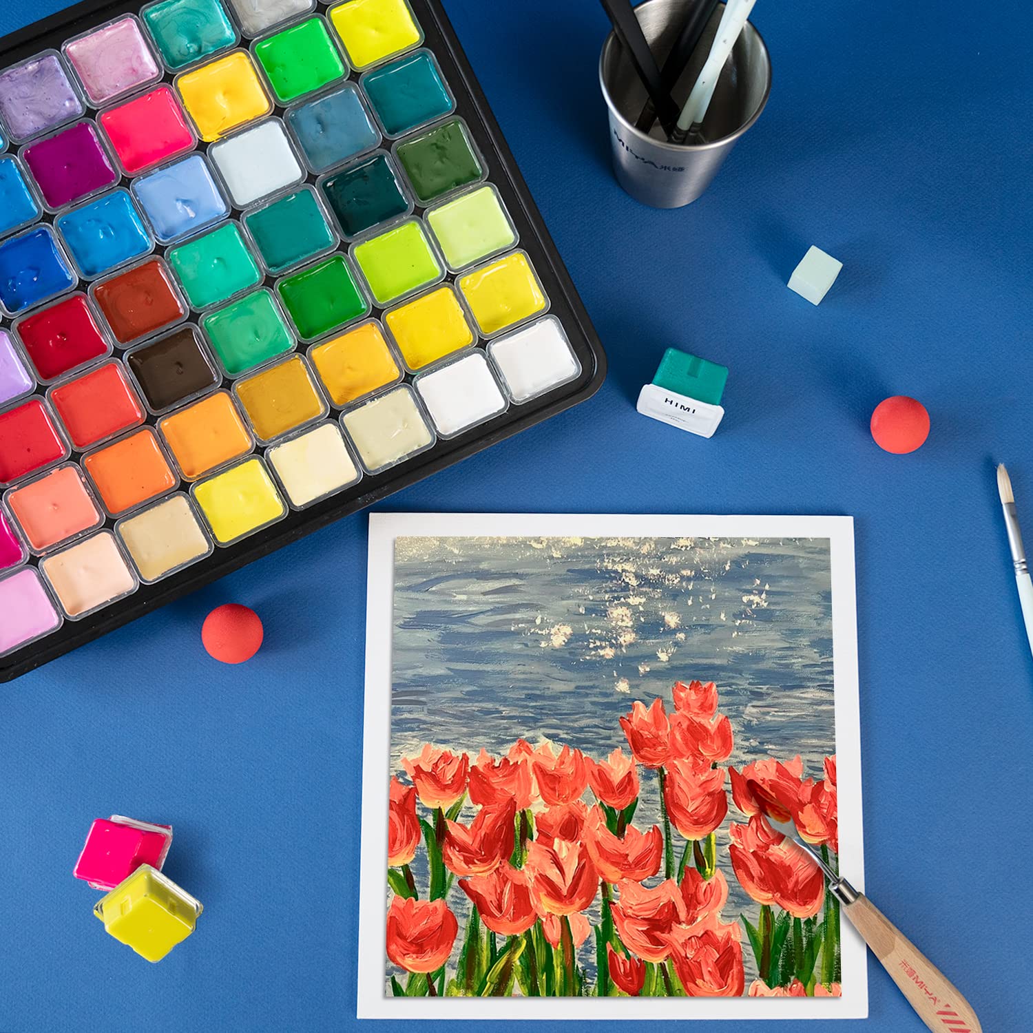 HIMI Lot de peintures à gouache, 56 couleurs, 30 ml, 42 couleurs standard, 6 couleurs fluo, 8 couleurs métalliques