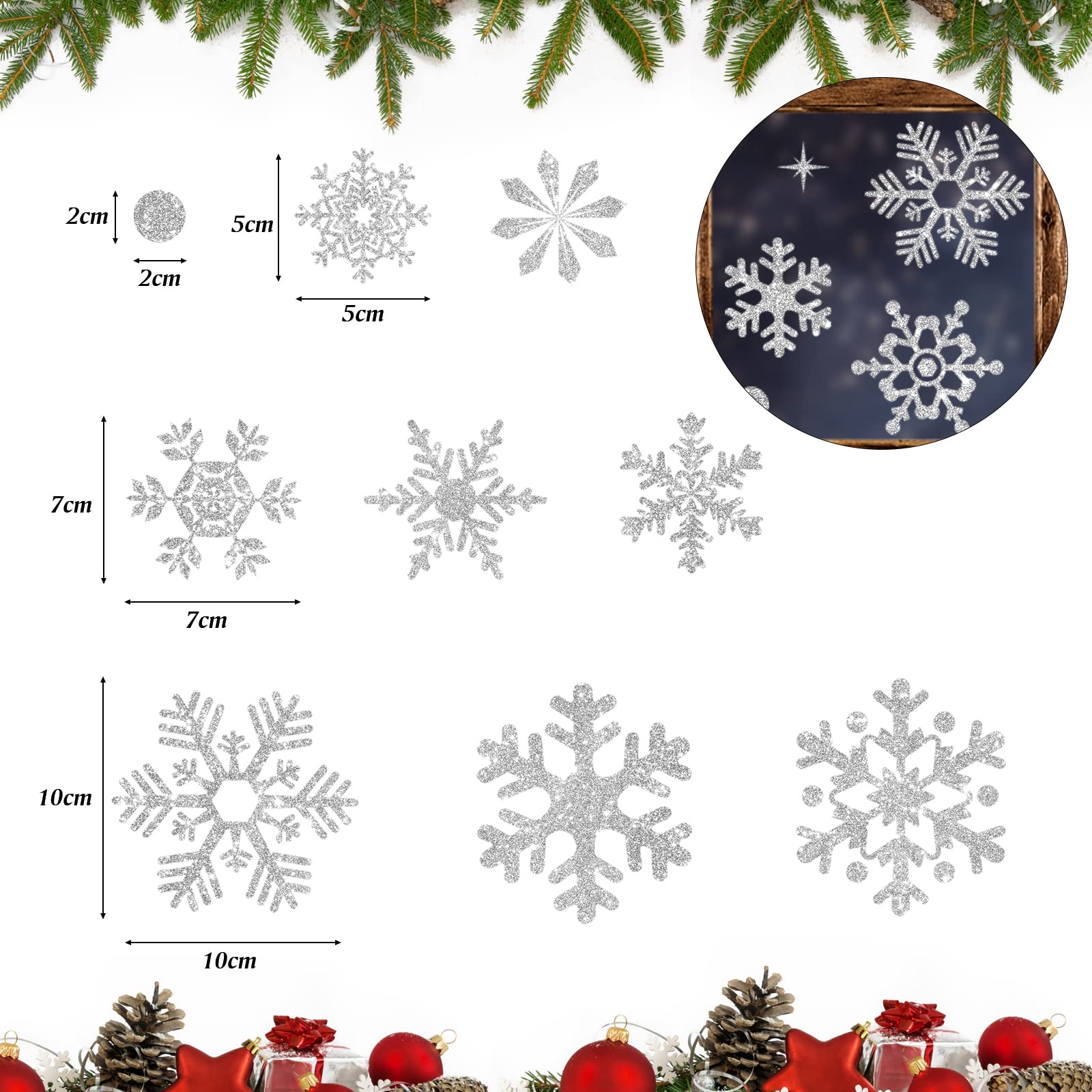 Adesivi natalizi per finestre, 93 pezzi, decorazioni natalizie argentate glitterate a forma di fiocco di neve, riutilizzabili, per vetrine natalizie e decorazioni (9 fogli