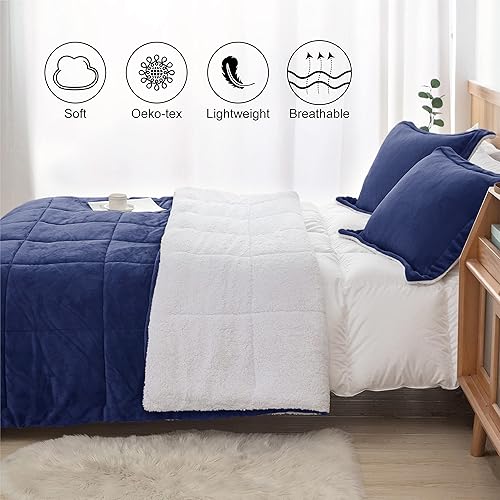Miniatura 2 de Juego de edredón sherpa azul marino, tamaño matrimonial y queen, suave felpa cálida para todas las estaciones, juego de ropa de cama alternativo de