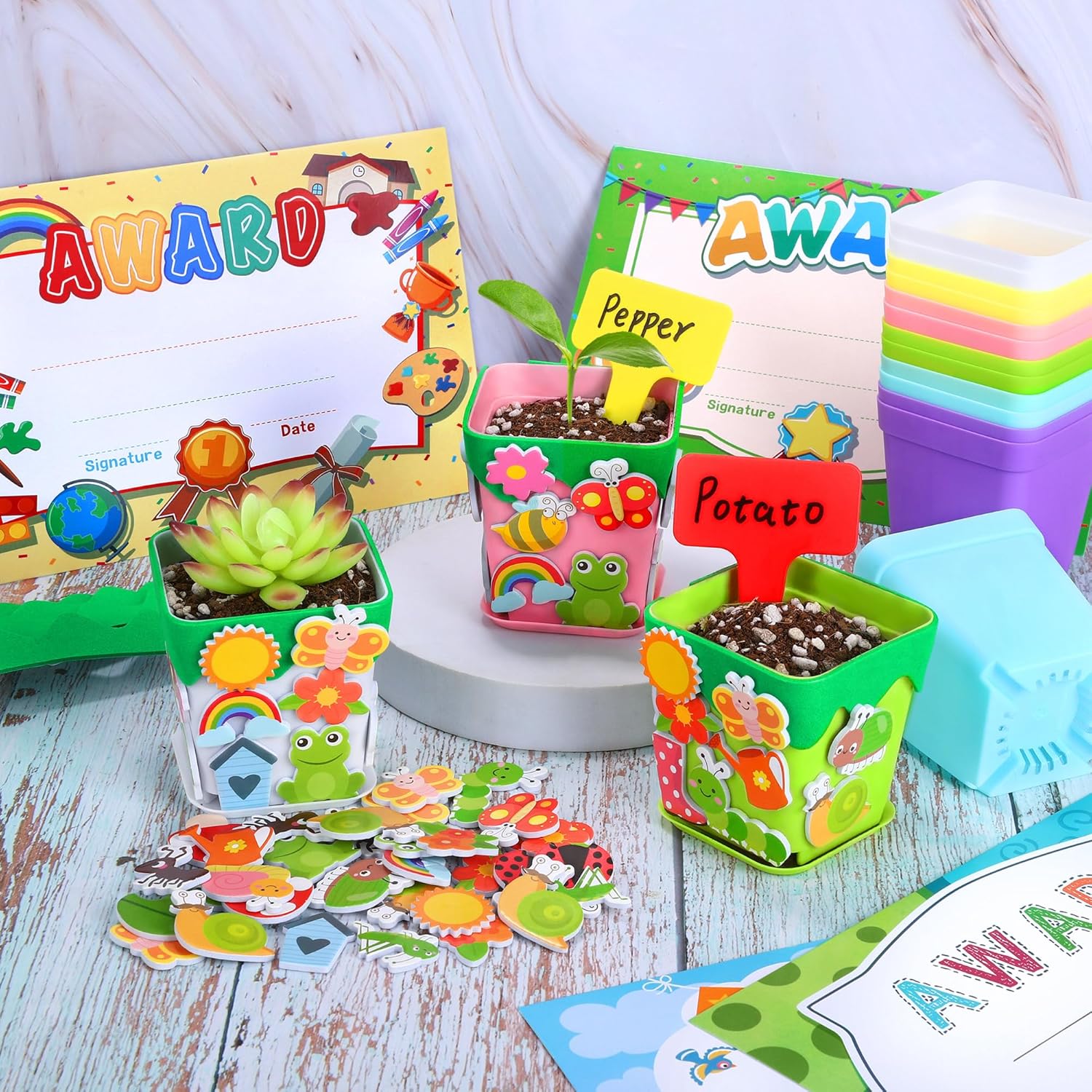 Elcoho 36 Set Garden Plastic Pot Craft Kit Plant Spring Craft Kits for Kids Flower Pots with 150 Foam Stickers 36 Labels 24 Certificate of Awards 3 Tools Planting Growing Kit for Kids, Mixed Colors