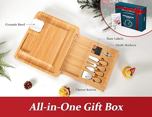 Miniatura 7 de Easoger Tabla de queso, juego de tabla grande para charcutería, plato de bambú para servir, 4 cuchillos y utensilios, regalos de inauguración de la