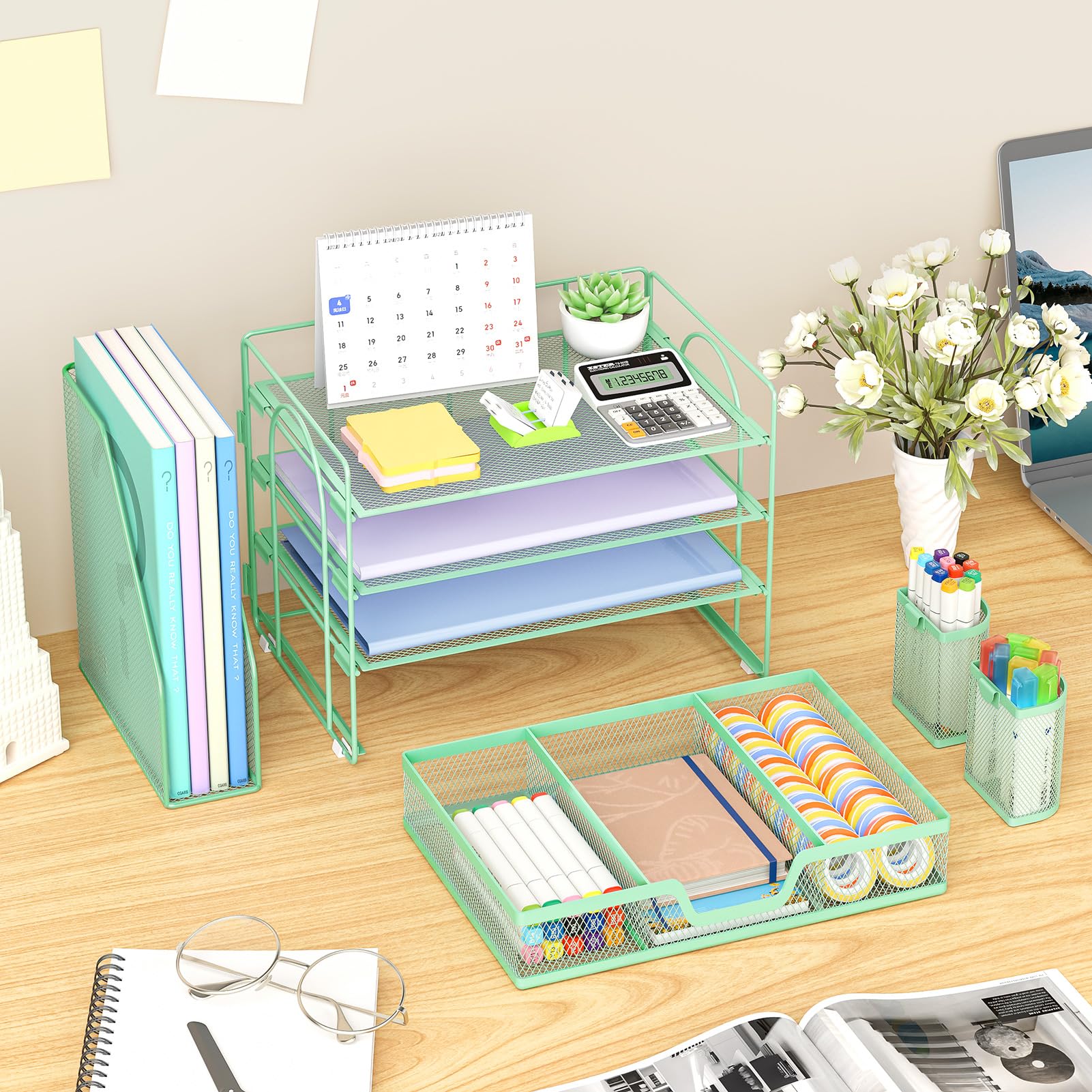 Marbrasse Organizer da scrivania e accessori, vassoio per lettere a 4 ripiani con porta documenti, accessori da scrivania e organizer per spazi di lavoro con cassetto e 2 portapenne (verde, 39,1 x