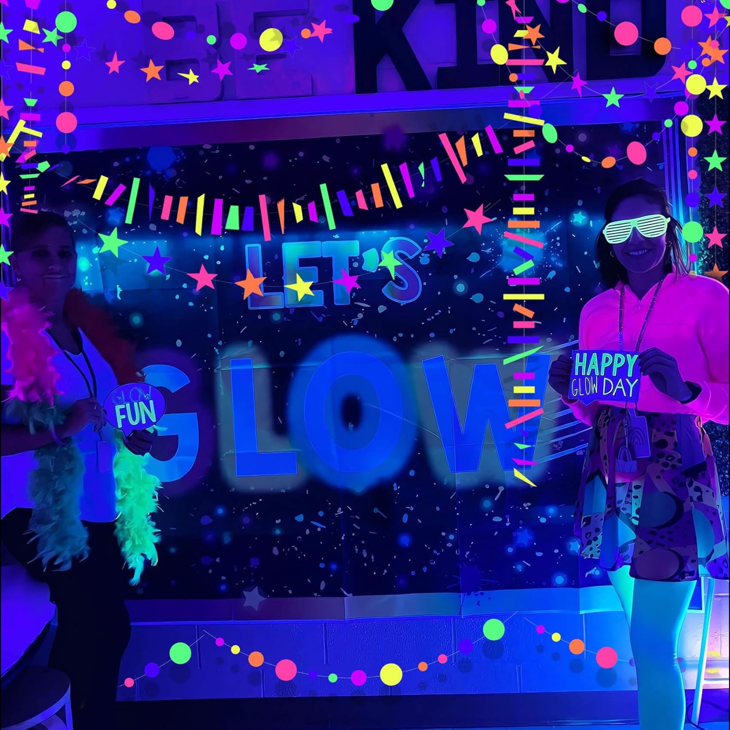 96ft UV Neon Paper Garland Round dot Star Rectangle kit Neon Decor Banners for Glow Party Supplies, UV Reactive Glow in The Dark Streamers for Birthday neon Party Decorations Black Party Supplies… - Image 5