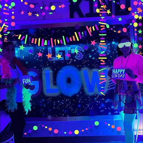 Miniatura 51 de Guirnalda de papel de estrella de neón de 108 pies que brilla en la oscuridad, suministros de fiesta, guirnaldas de papel neón para luz negra