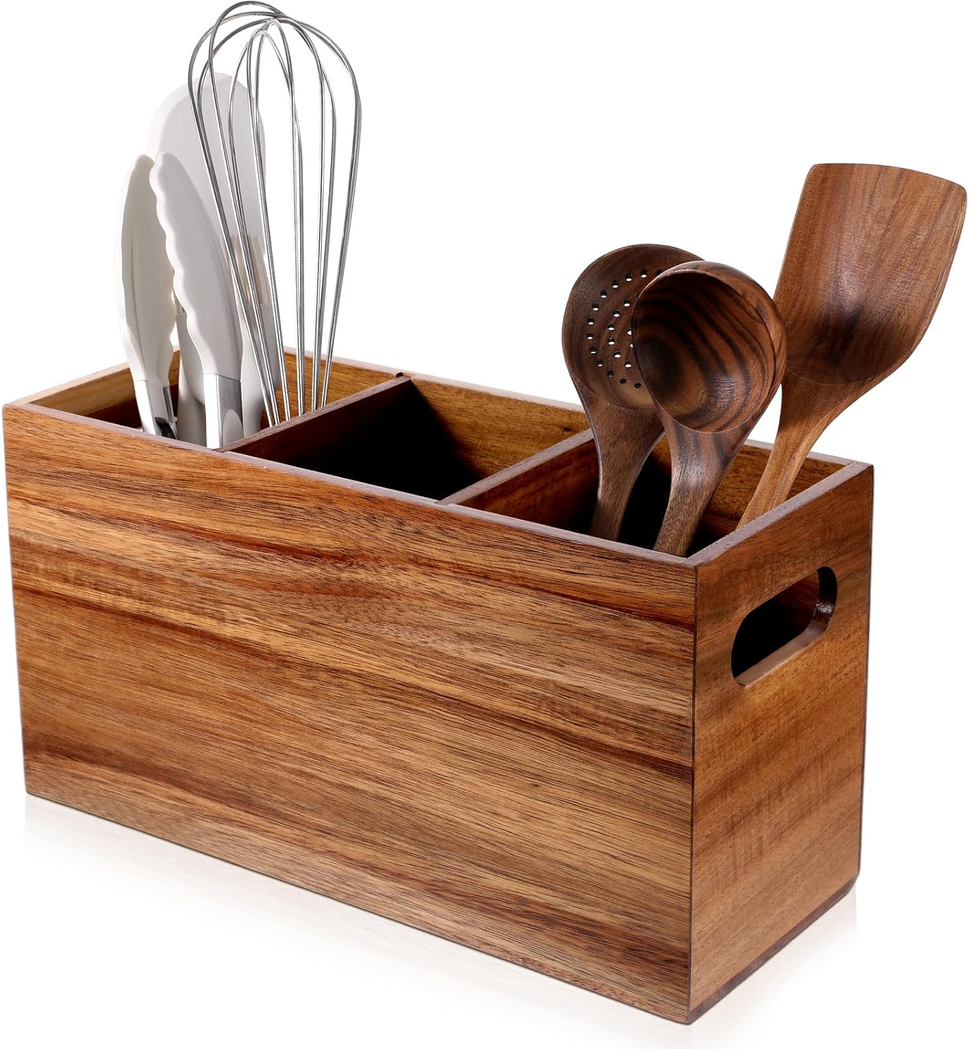 Wooden Utensil Holder, 3 Compartment Spatula Holder Natural Acacia Wood Silverware Organizer Large Boho Rustic Cooking Tool Caddy for Farmhouse Kitchen Counter Decor and Storage Spoons