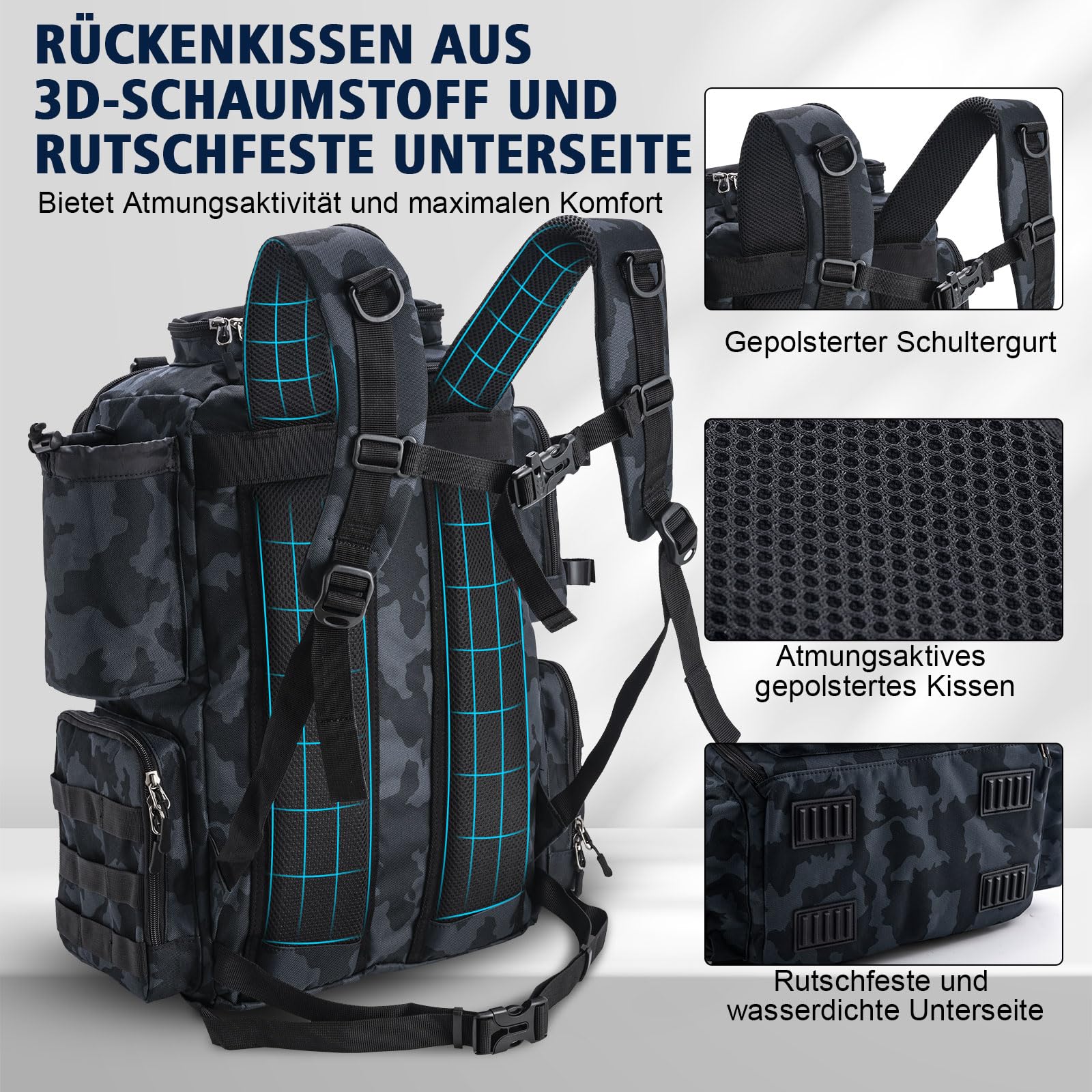 Goture Zaino da pesca, zaino per accessori da pesca con due supporti per canna e parapioggia, borsa per attrezzi da pesca impermeabile con scomparto regolabile e 8 tasche per esche, zaino da 45 litri