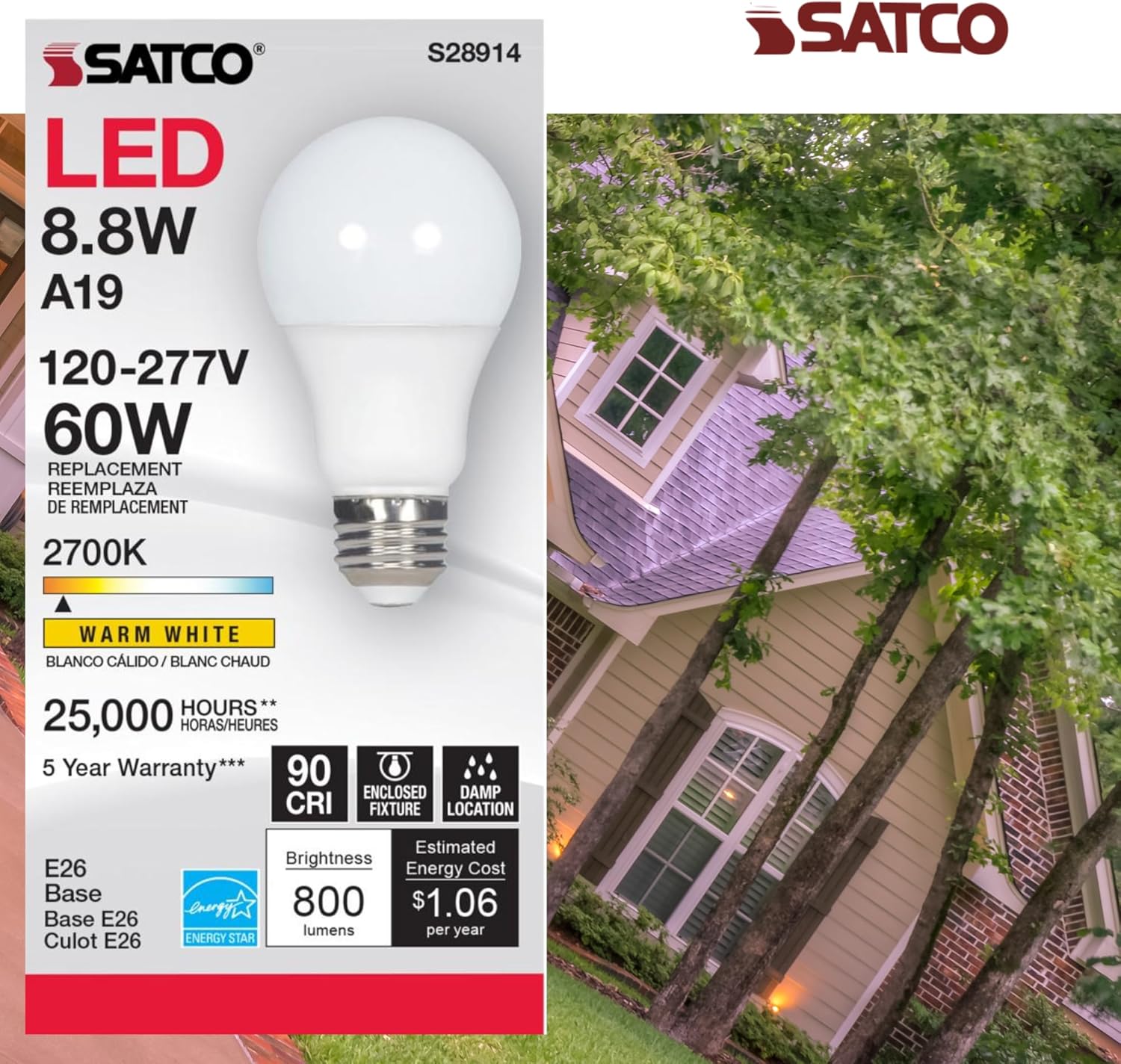 Satco S28914 8.8W LED A19 Light Bulb, 2700K Warm White, 800 Lumens, 90+ CRI, 120-277V, Medium E26 Base, Non-Dimmable, 220 Beam, 25,000 Hrs, Frosted Finish, Enclosed Fixture Rated (2 Pack)