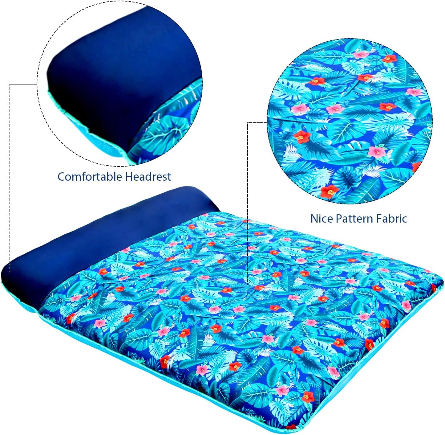 FindUWill Oversized Pool Floats Raft, 1-2 Person, 72'' X 60'' Giant Fabric-Covered Pool Floats Adult Size, Inflatable Floating Mat with Headrest Ultra-Comfort Summer Pool Lounger Floatie