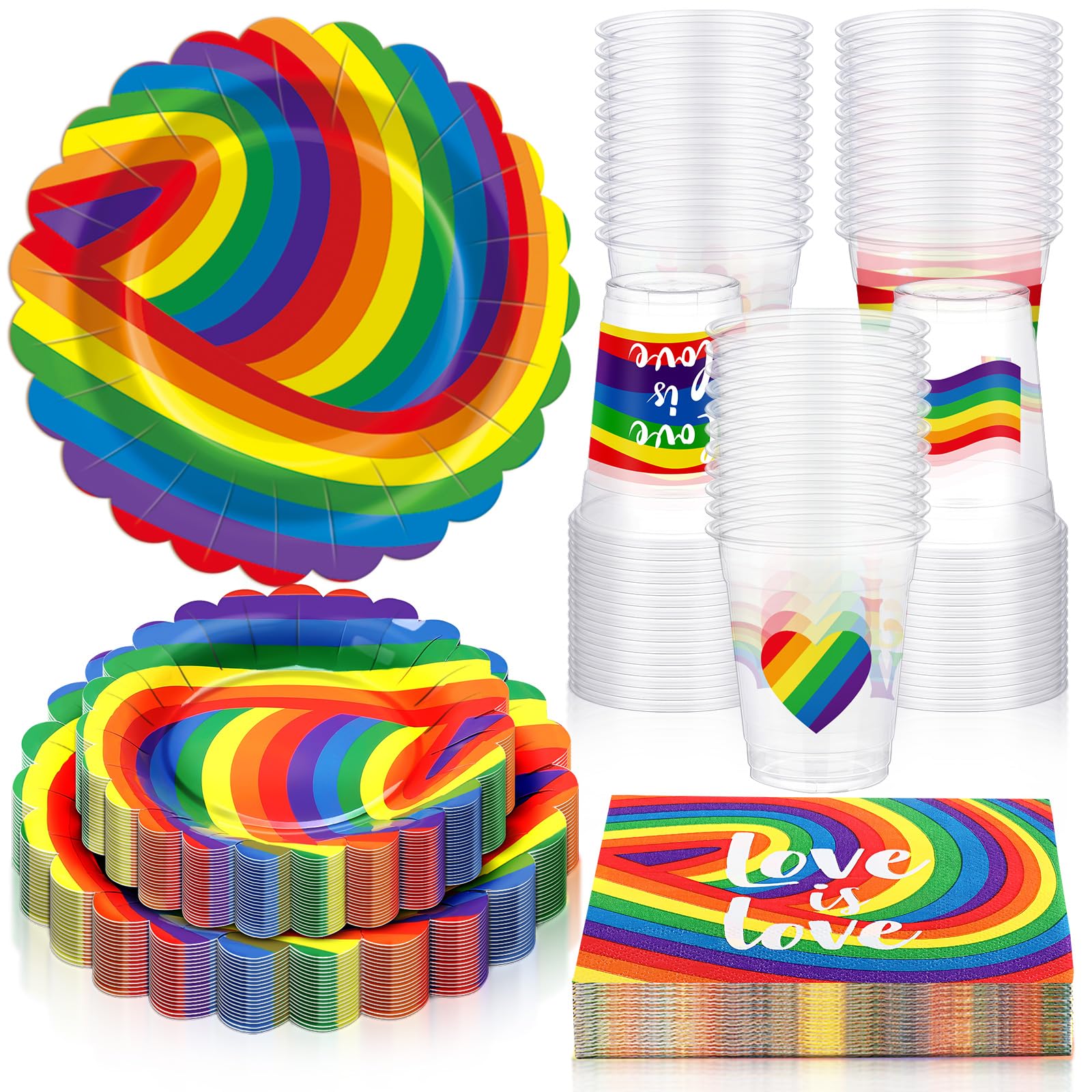 RimCereal 146 Pieces Pride Party Supplies Set 50 Gay Paper Napkins 64 LGBT Party Plates 32 Gay Pride Plastic Cups 12 oz Rainbow Party Tableware for