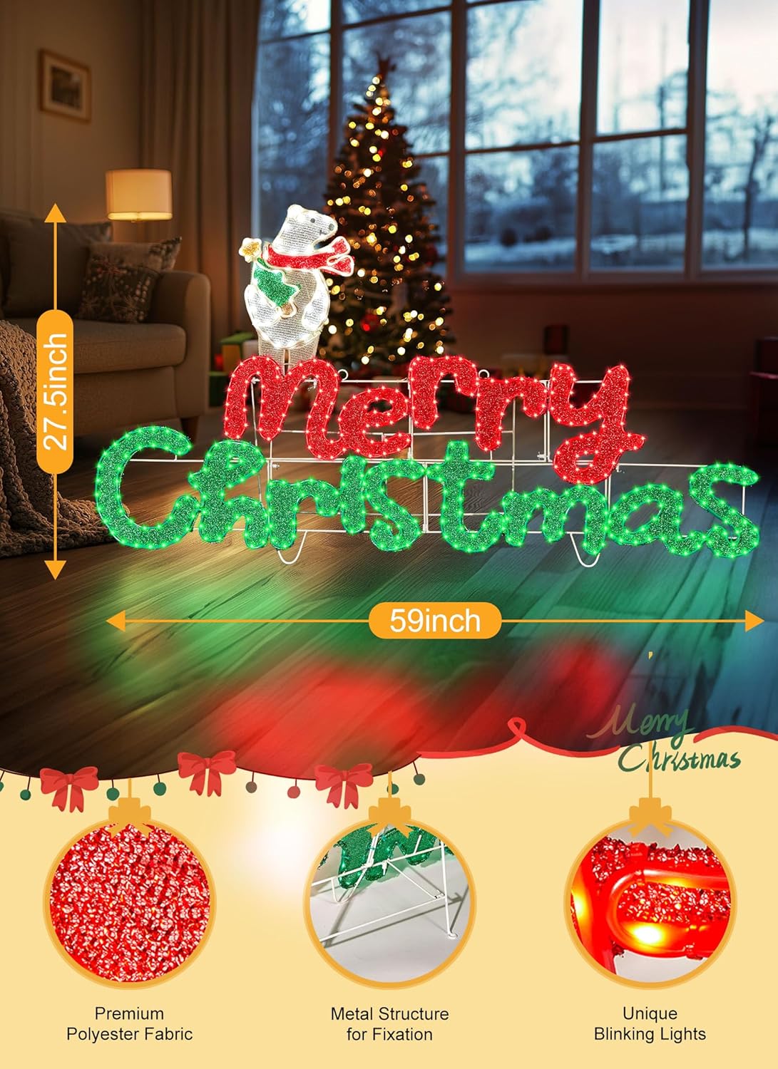 Dimensions of the Merry Christmas sign: 59 inches wide and 27.5 inches high, with details on premium polyester fabric, metal structure, and unique blinking lights.