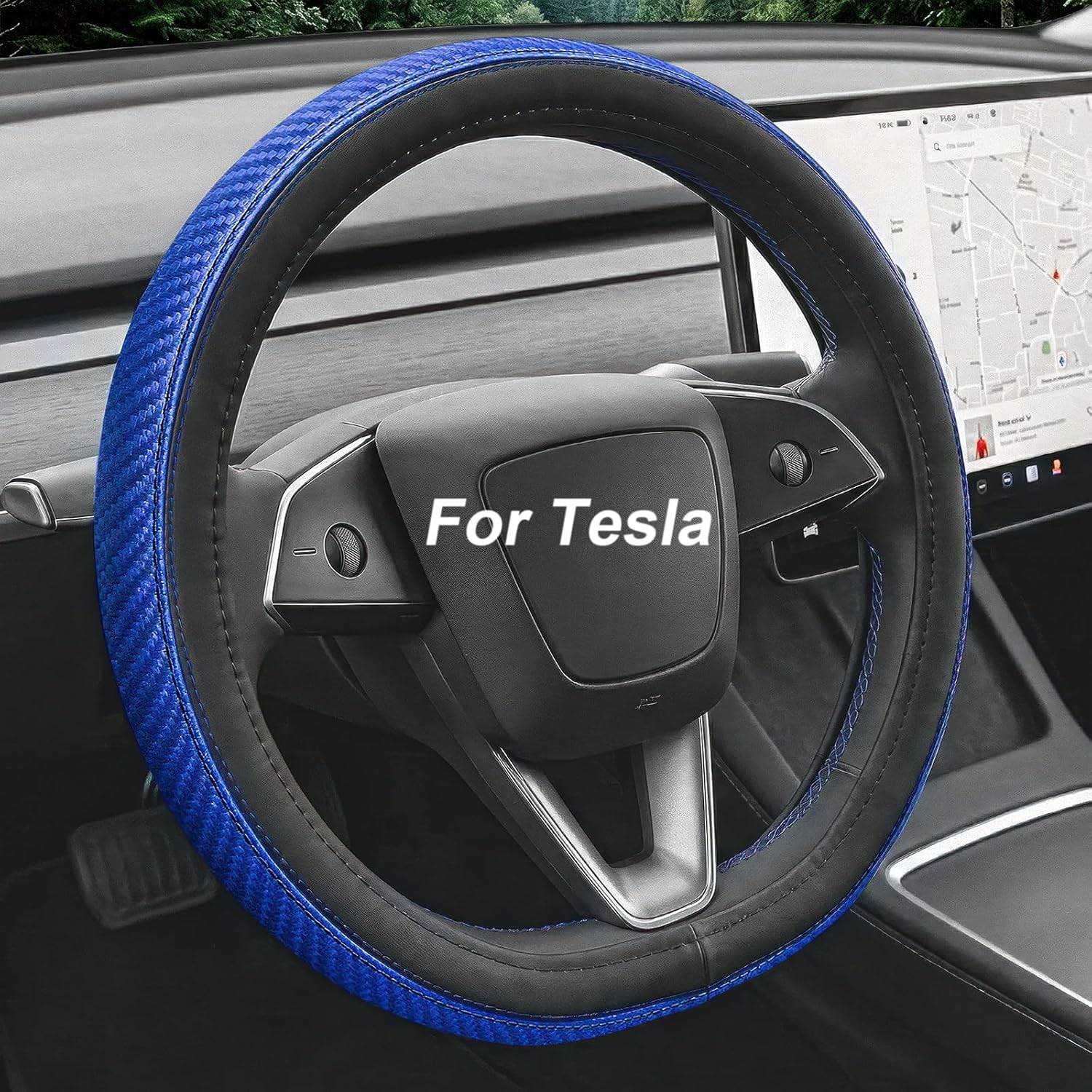 Steering Wheel Cover for Tesla Model 3, Model Y, Anti-Slip Nappa Leather and Carbon Fiber Pattern, D-Shaped Style, 14-14.2 inches (36cm), Blue