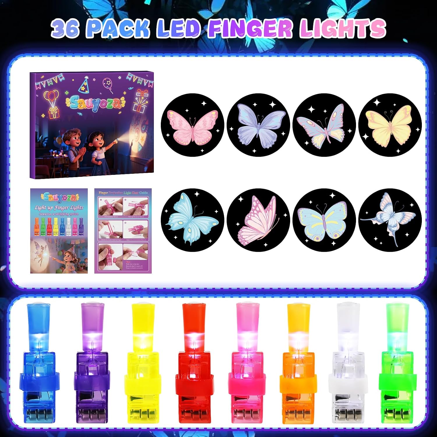 36 Pack Butterfly Party Favors LED Finger Lights, Glow in the Dark Birthday Goodie Bag Stuffers, Garden Party Prizes & Classroom Rewards for Kids