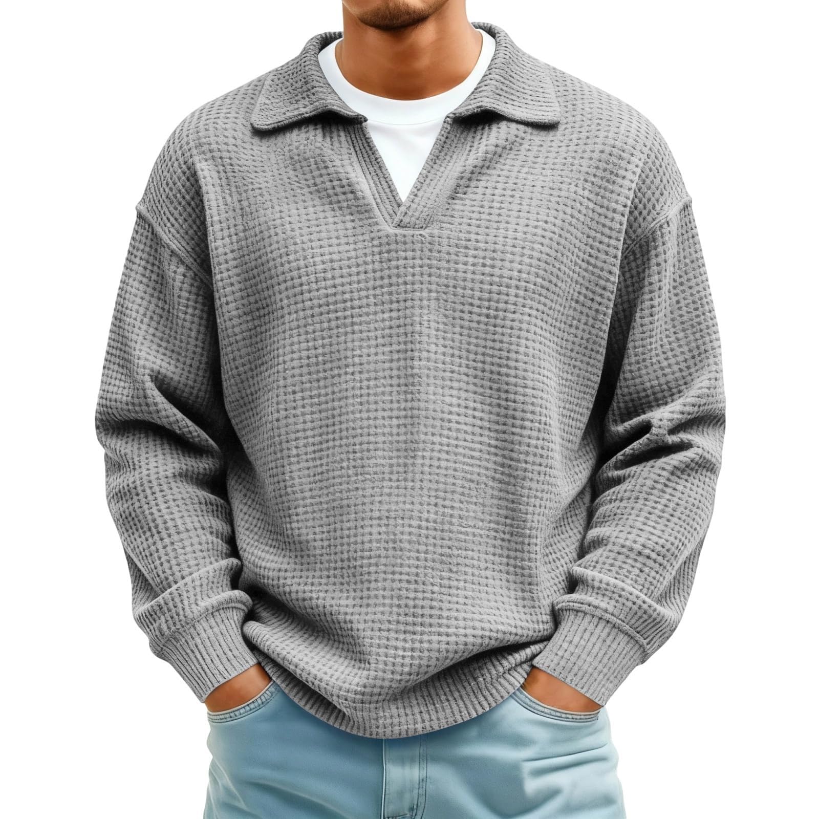 Jersey de punto gofre de gran tamaño para hombre, cuello en V, manga larga
