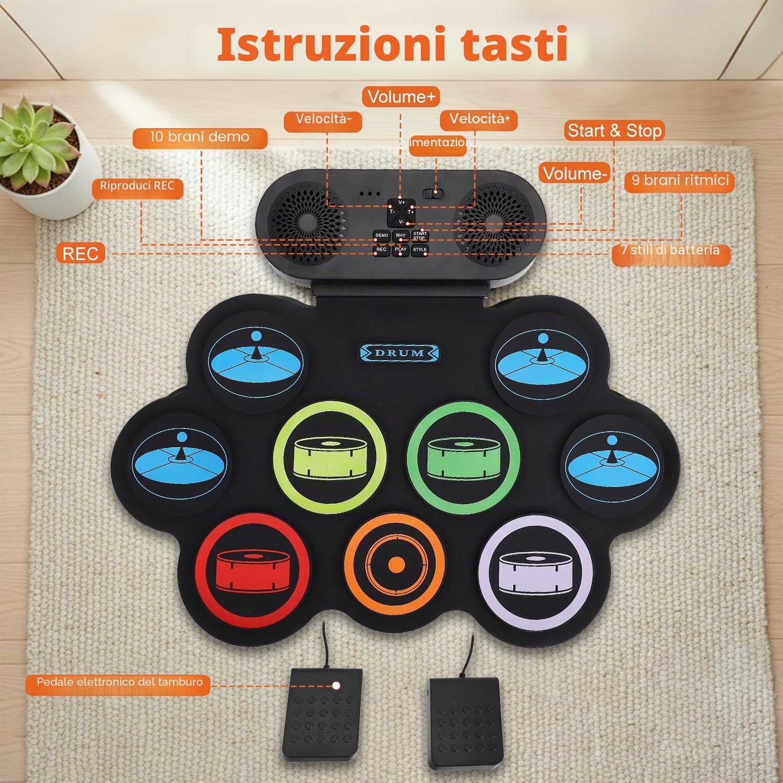 Kit di batteria elettronica Portatile con 9 Drum Pad,doppi altoparlanti stereo,Kit batteria arrotolabile con pedali e bacchette,supporto cuffie/Bluetooth/MIDI,Regalo per bambini principianti