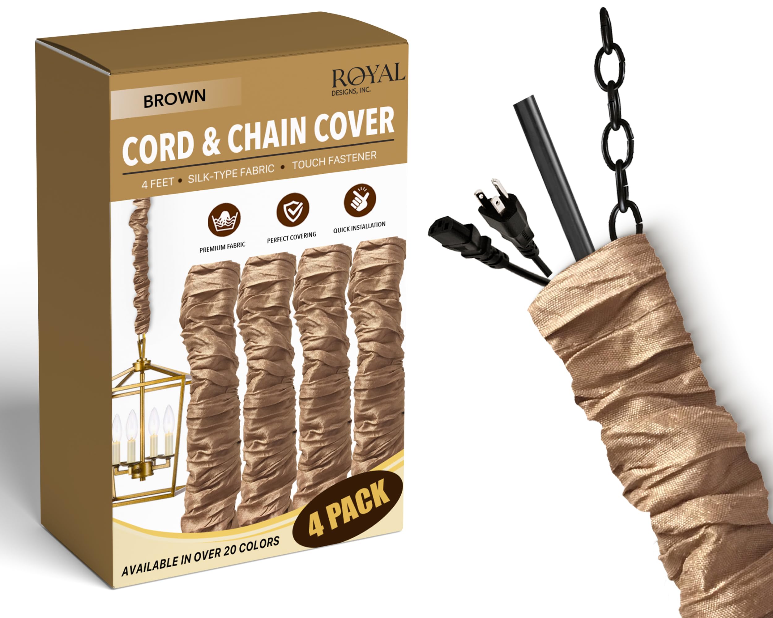 Royal Designs, Inc. Cord &amp; Chain Cover 4 ft Silk Type Fabric, Chandelier Pendant Lighting Chain &amp; Cable Management, Touch Fastener, Brown - 4 Pack