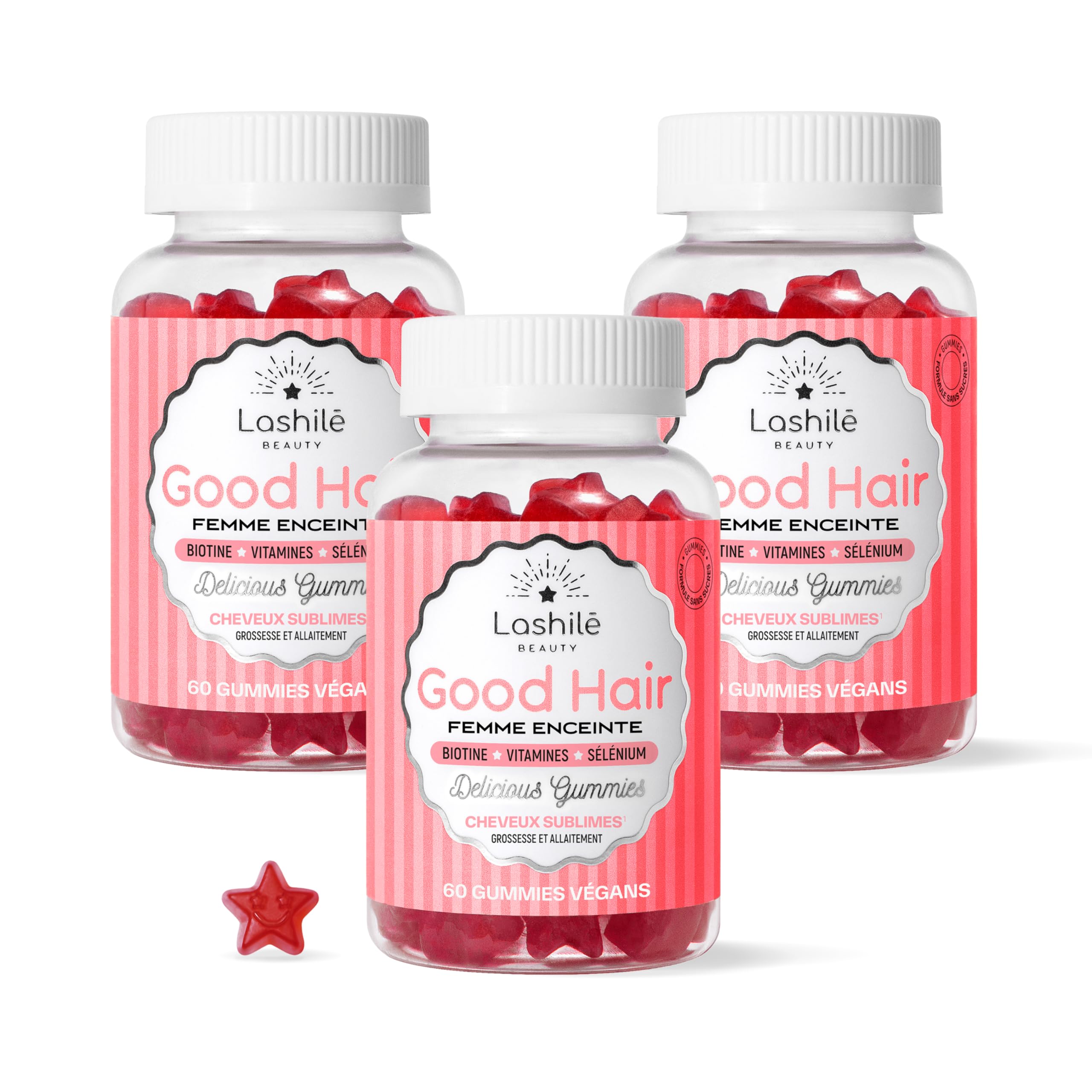 Lashilé Beauty - Gummies Cheveux Femme Enceinte - Pousse Croissance & Fortification capillaire - Complément Alimentaire Cheveux - Good Hair Femme Enceinte - Biotine Zinc B6 - Cure 3 Mois 180 Gummies