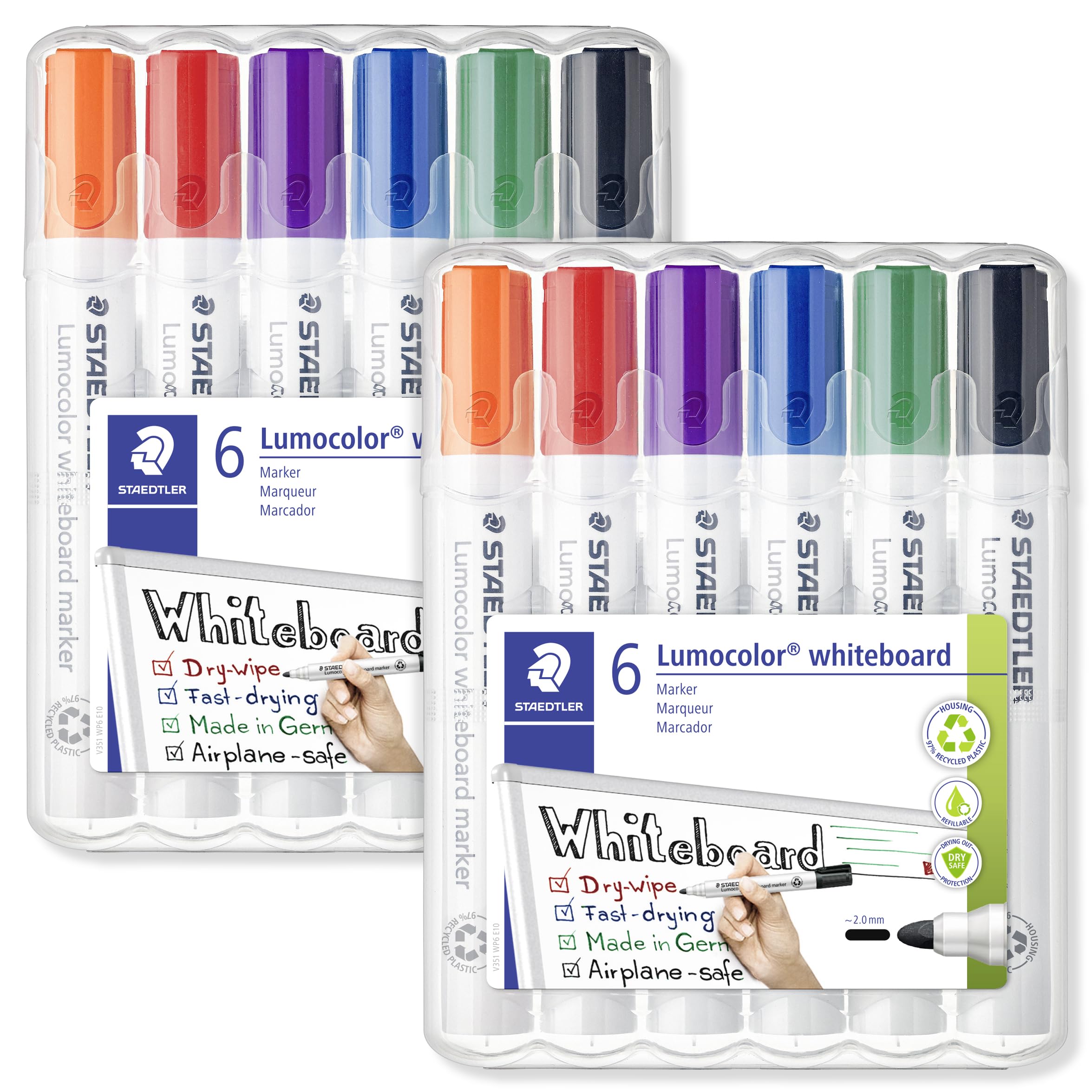 STAEDTLER Lumocolor Marker Pen Bullet Tip - Black, Green, Blue, Violet, Red, Orange Ink Colours - Pack of 12 Pens (351 WP6 Whiteboard Marker)
