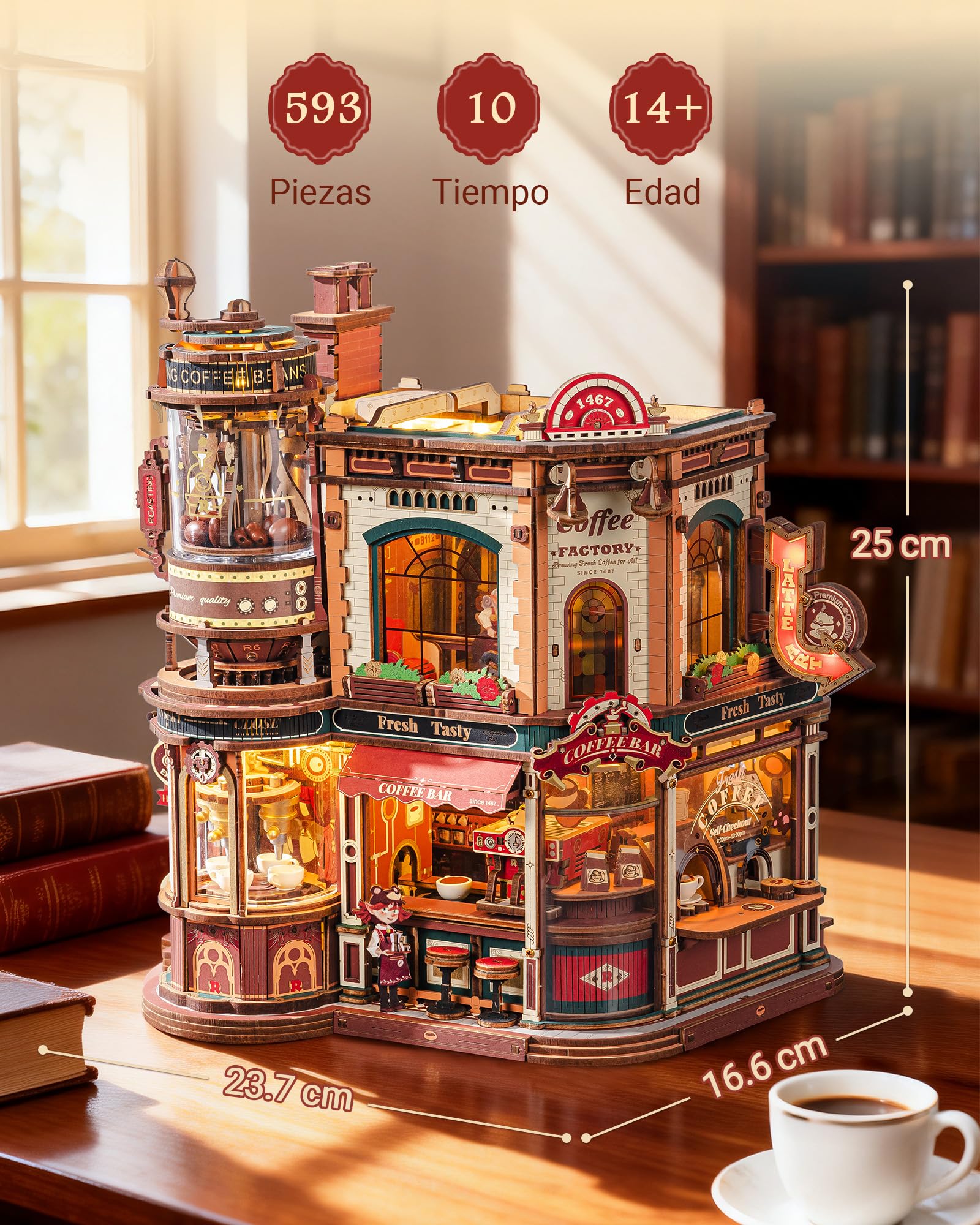 ROKR Dream Coffee Factory EAB02 Casa de Muñecas Miniatura DIY con Caja de Música para Adultos, Modelo de Fábrica de Café Mecánico con Piezas Móviles, Iluminación LED y Música Jazz, Regalo Creativo