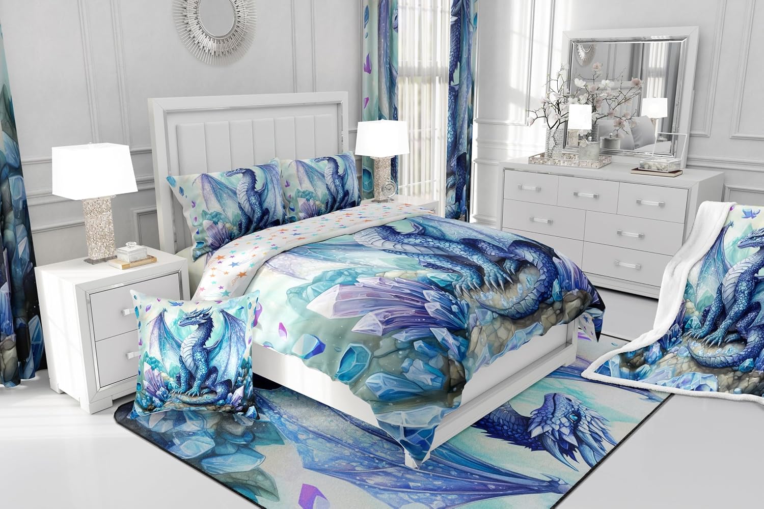 Western Dragon Duvet Cover Set King Size,Blue 3D Flying Dragon Wildlife Reversible Comforter Cover with 2 Pillowcases,Watercolor Animal Shiny Crystal Microfiber Quilt Cover Set (NO Comforter)