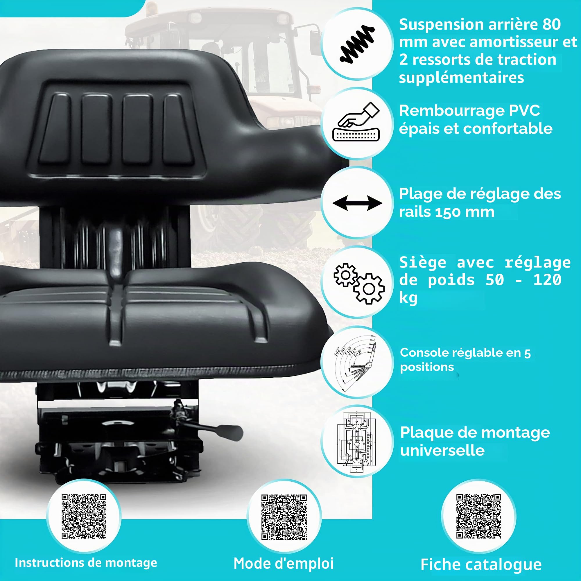 Siège de tracteur universel pour tracteur - Suspension - KS 44/2 V - En PVC - Inclinaison réglable - Avec amortisseurs et ressorts de traction