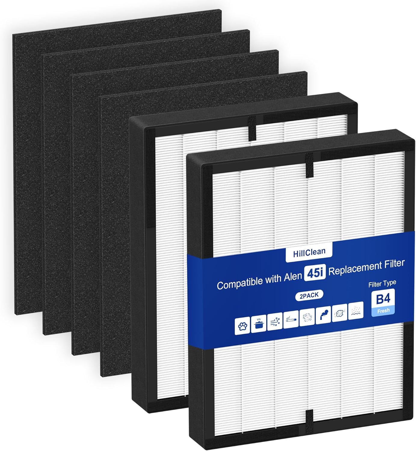 45i Replacement Filter Compatible with A-len Breathe Sm-art Flex and BH400/45i Air Purifiers, 3-in-1 HEPA Filter with 4 Activated Carbon Pre-Filters, B4-Fresh/FL40 Silver-Carbon Replacement (1 Pack)