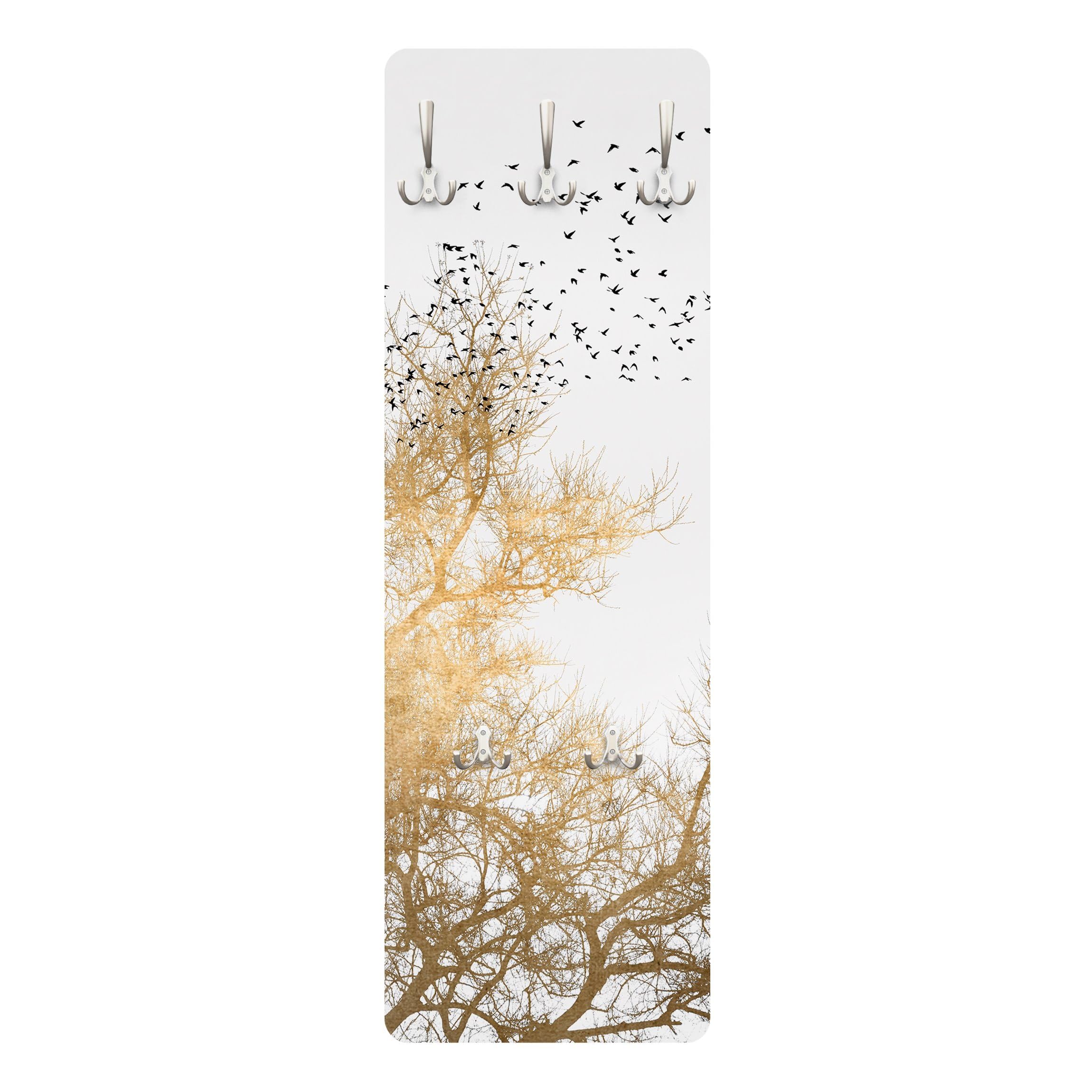 Wandgarderobe inkl. 5 Haken Wald Bäume platzsparendes Design - Made in Germany - Baum Kunstdruck Flurgarderobe gold schmal Garderobenpaneel 2933