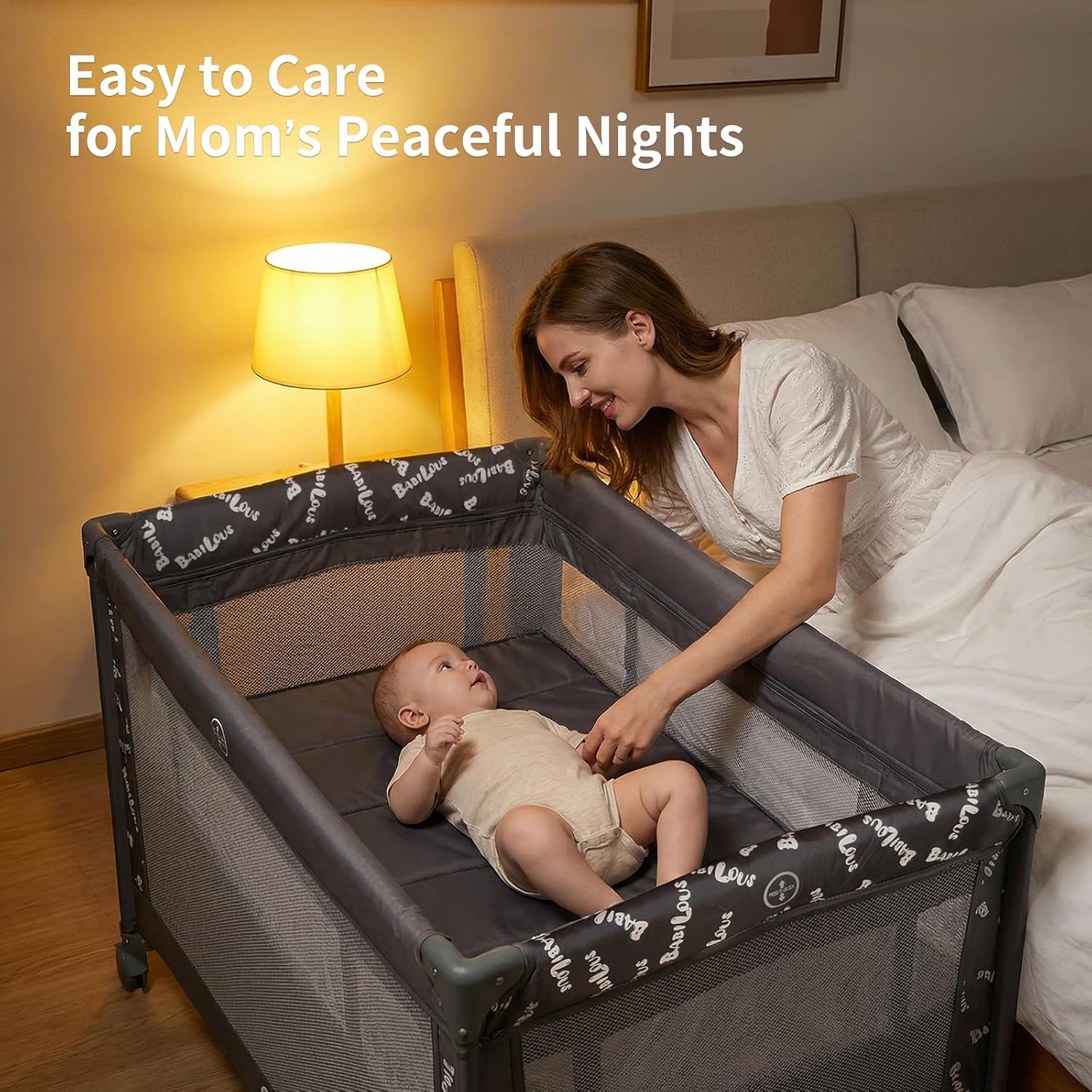 Babilous Pack and Play, Baby Bassinet with Wheels, Foldable Baby Playard for Travel, Easy Carry Bedside Bassinet, Mini Pack n Play with Comfortable Mattress & Compact Space Saving Design, Grey