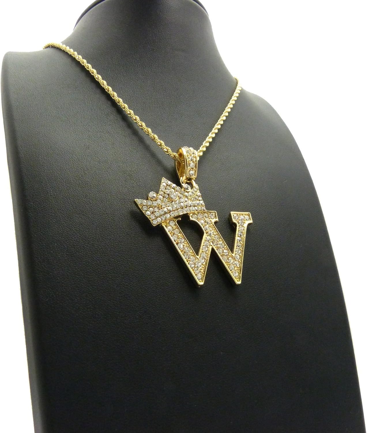 Fashion 21 King Crown Alphabet W Pendant 24 inches Various Chain Necklace in Gold, Silver Tone (Gold / 2mm 24" Rope Chain)